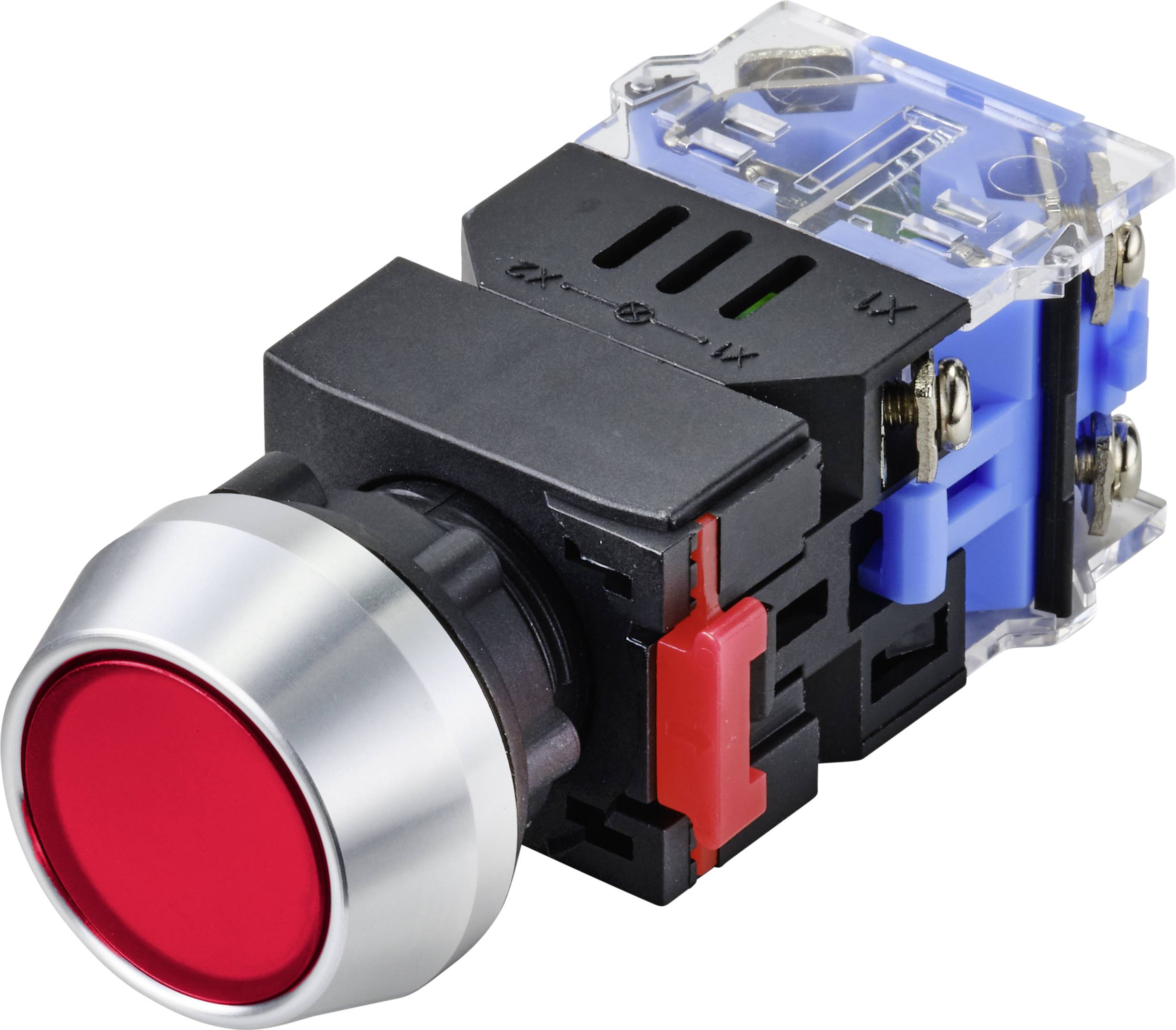 Roter Drucktaster mit silbernem Rand, geeignet für elektronische Steuerungssysteme. Rückansicht zeigt Befestigungsmechanismus.