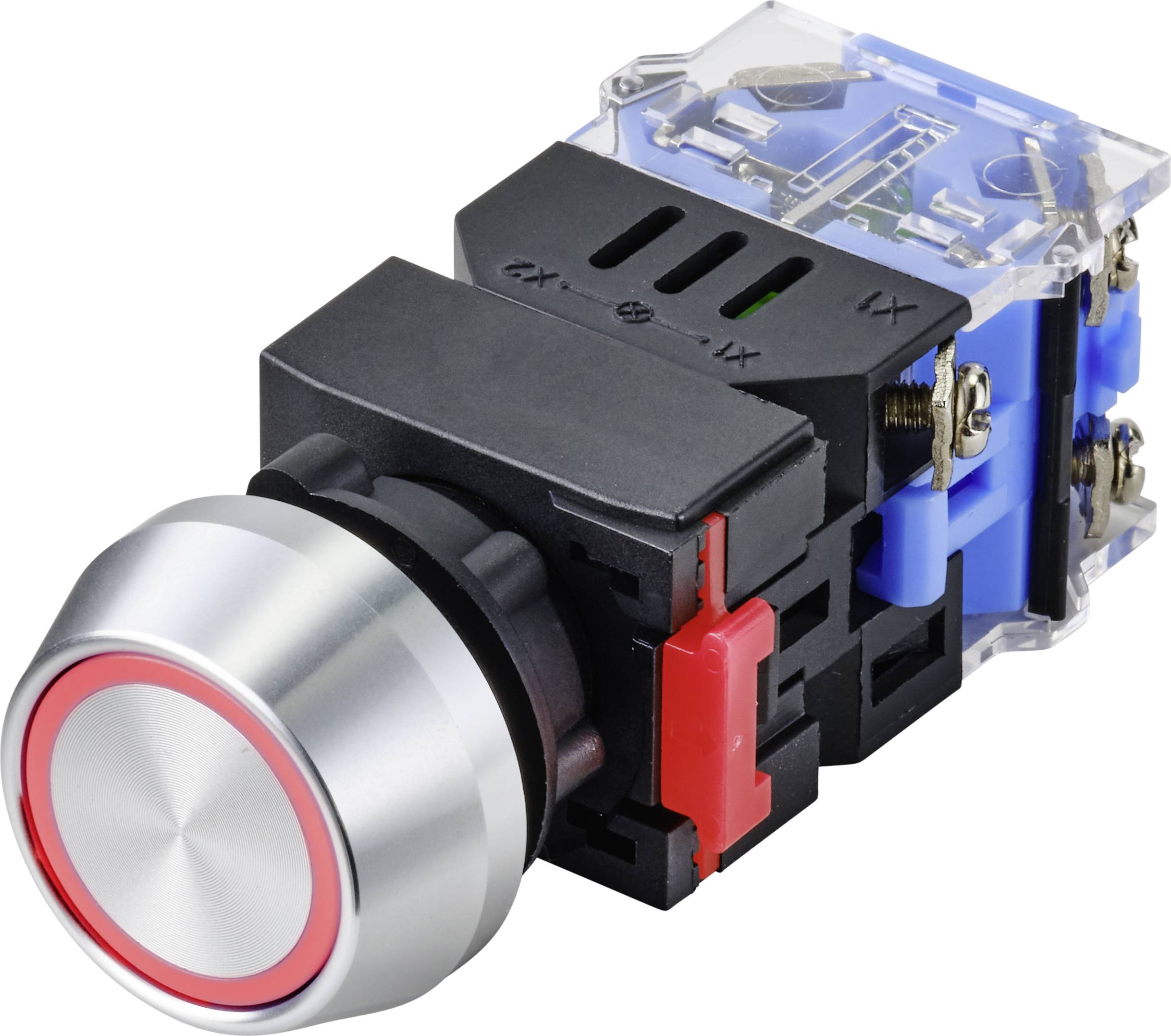 Elektrischer Druckknopf mit rotem Ring, schwarzem Gehäuse und blauer Rückseite, häufig in Maschinensteuerungen verwendet.