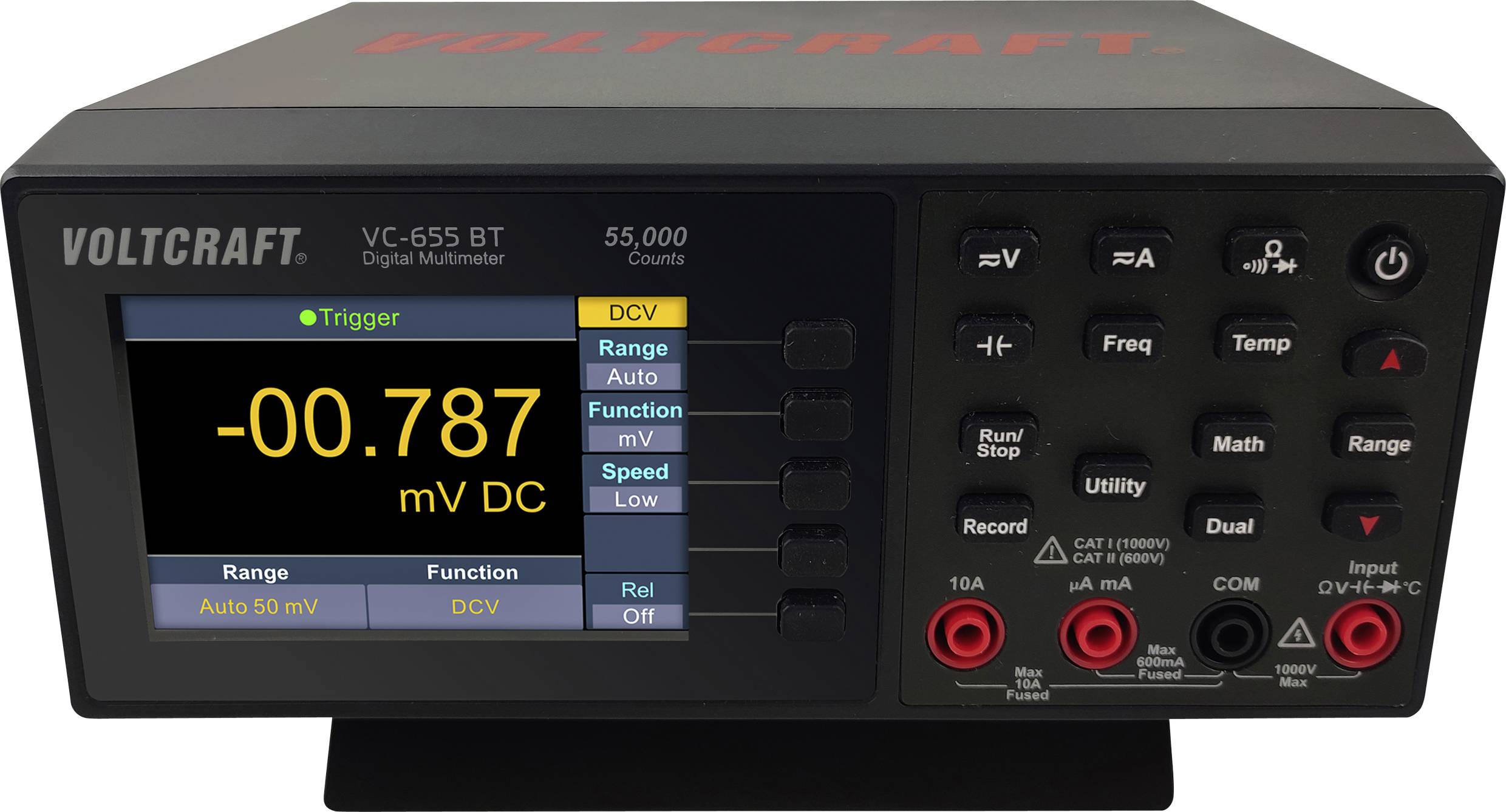 Digitalmultimeter VOLTCRAFT VC-655 BT zeigt -0,787 mV DC auf einem Display an. Tasten für verschiedene Funktionen sind sichtbar.