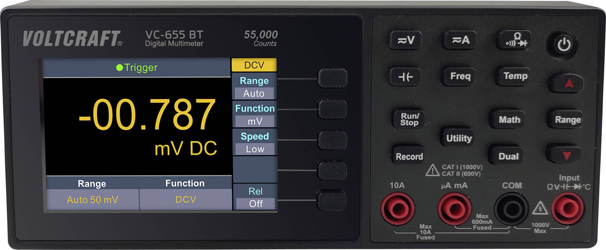 Digitales Multimeter mit Anzeige '-0.787 mV DC', Funktionen wie range, auto und DCV. Anzeige zeigt grüne und rote Werte.
