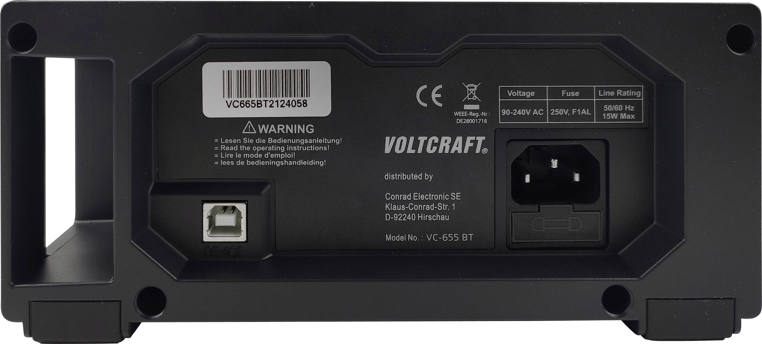 Die Rückseite eines Voltcraft-Geräts mit Stromanschluss, USB-Anschluss und Warnhinweis. Zeigt Informationen zu Spannung und Leistung.