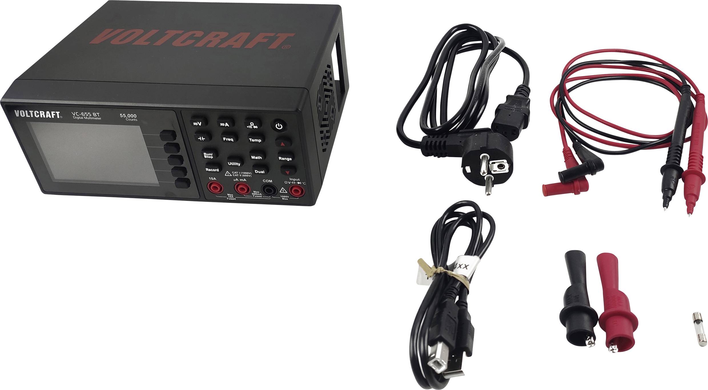 Messgerät Voltcraft VC 890 mit Kabeln und Zubehör für elektrische Messungen. Hauptgerät links, Kabel und Messspitzen rechts.