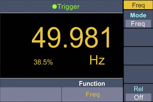 Digitalanzeige eines Frequenzmessgeräts zeigt 49,981 Hz und 38,5%. Modus ist 'Freq', Funktion 'Freq' aktiv.