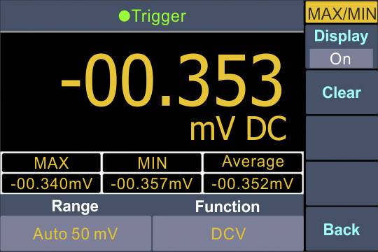 Bild eines Messgerätes mit Anzeige: '-00.353 mV DC'. Funktionen: MAX, MIN, Durchschnitt, Bereich 'Auto 50 mV', Modus 'DCV'.