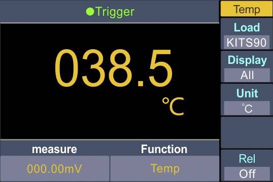 Messgerät mit digitalem Display zeigt '038.5 °C'. Steuerungsoptionen rechts: 'Temp', 'Load KITS90', 'Display All', 'Unit °C', 'Rel Off'.