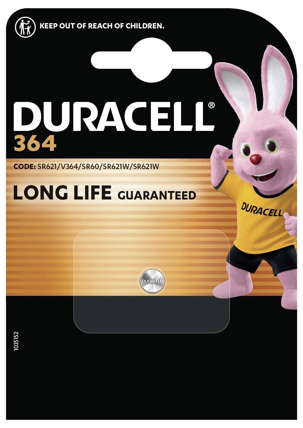 Duracell 364 battery package showing a battery with 'Long Life Guaranteed' slogan and a pink bunny mascot on the right side.