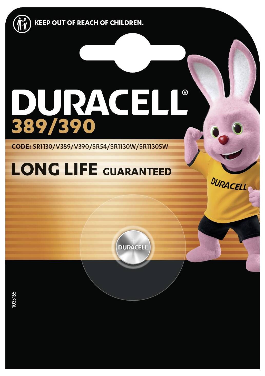 Duracell Hörgerätebatterien, Größe 13, mit 50% mehr Lebensdauer, verpackt mit einem rosa Häschenmaskottchen.