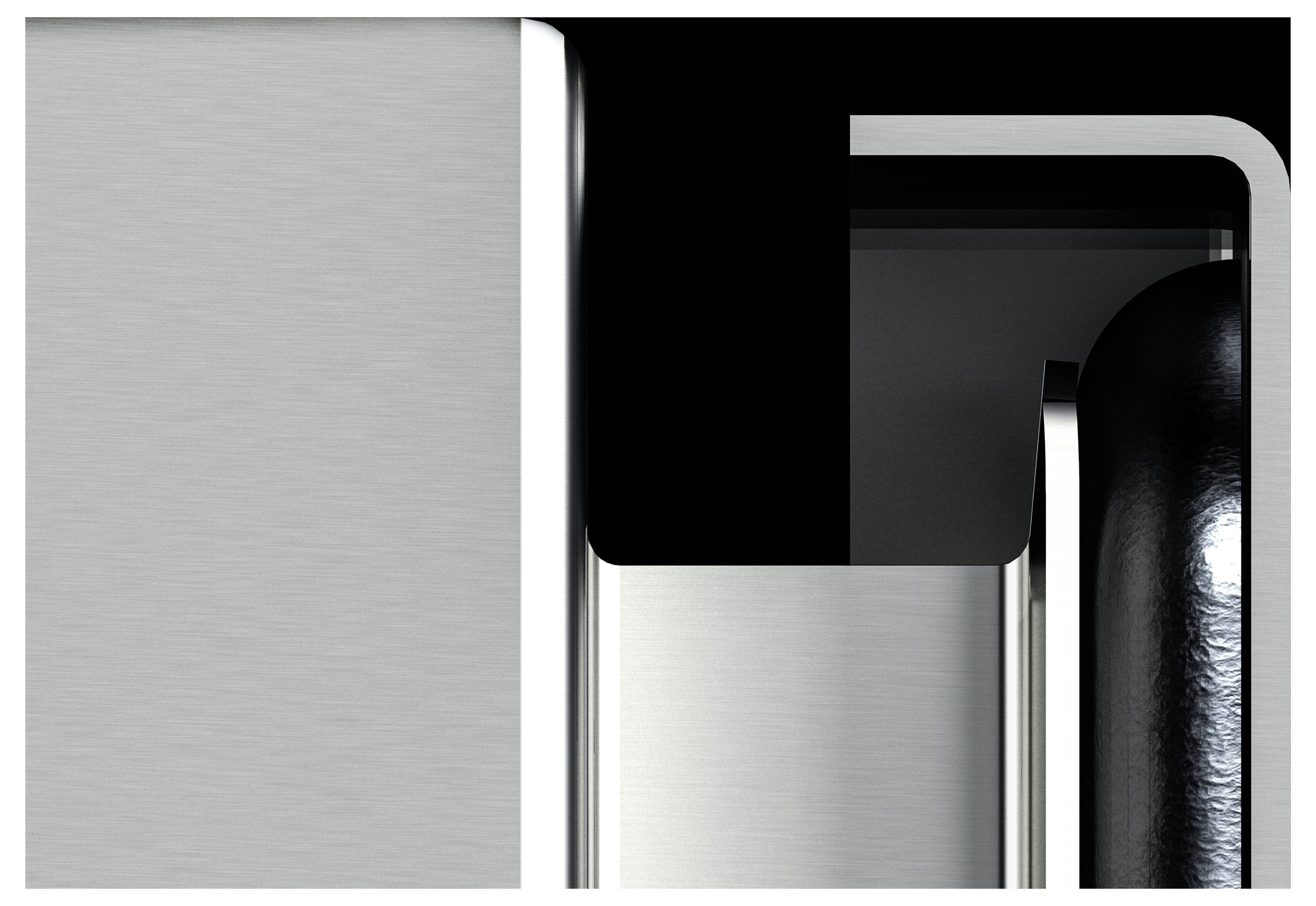 Metallische Formen in Silber und Schwarz bilden ein minimalistisches Design mit verschiedenen Materialien und Texturen.