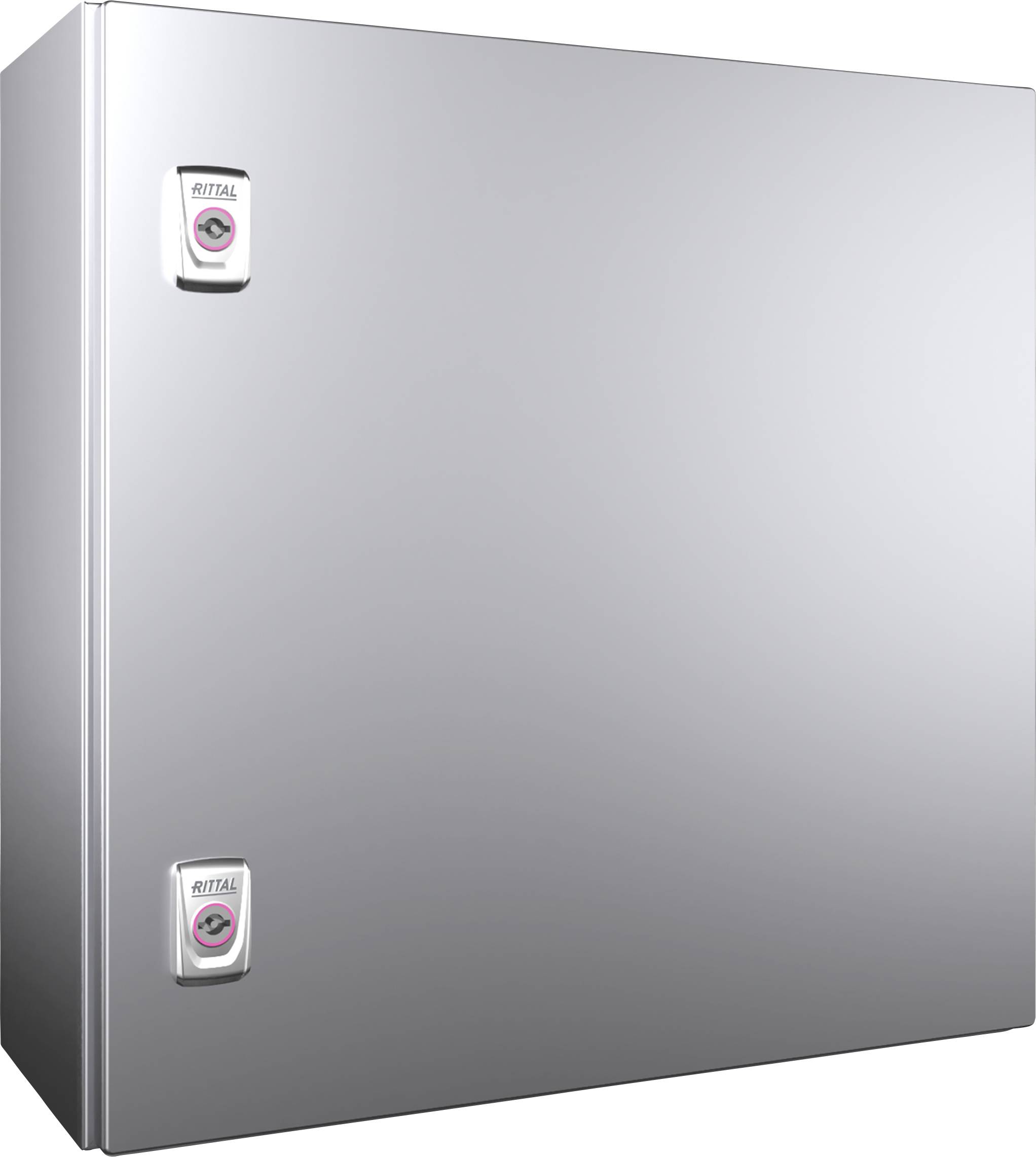 Silbernes Metallgehäuse mit zwei Griffen auf der linken Seite. Logo 'Rittal' sichtbar auf den Griffen.