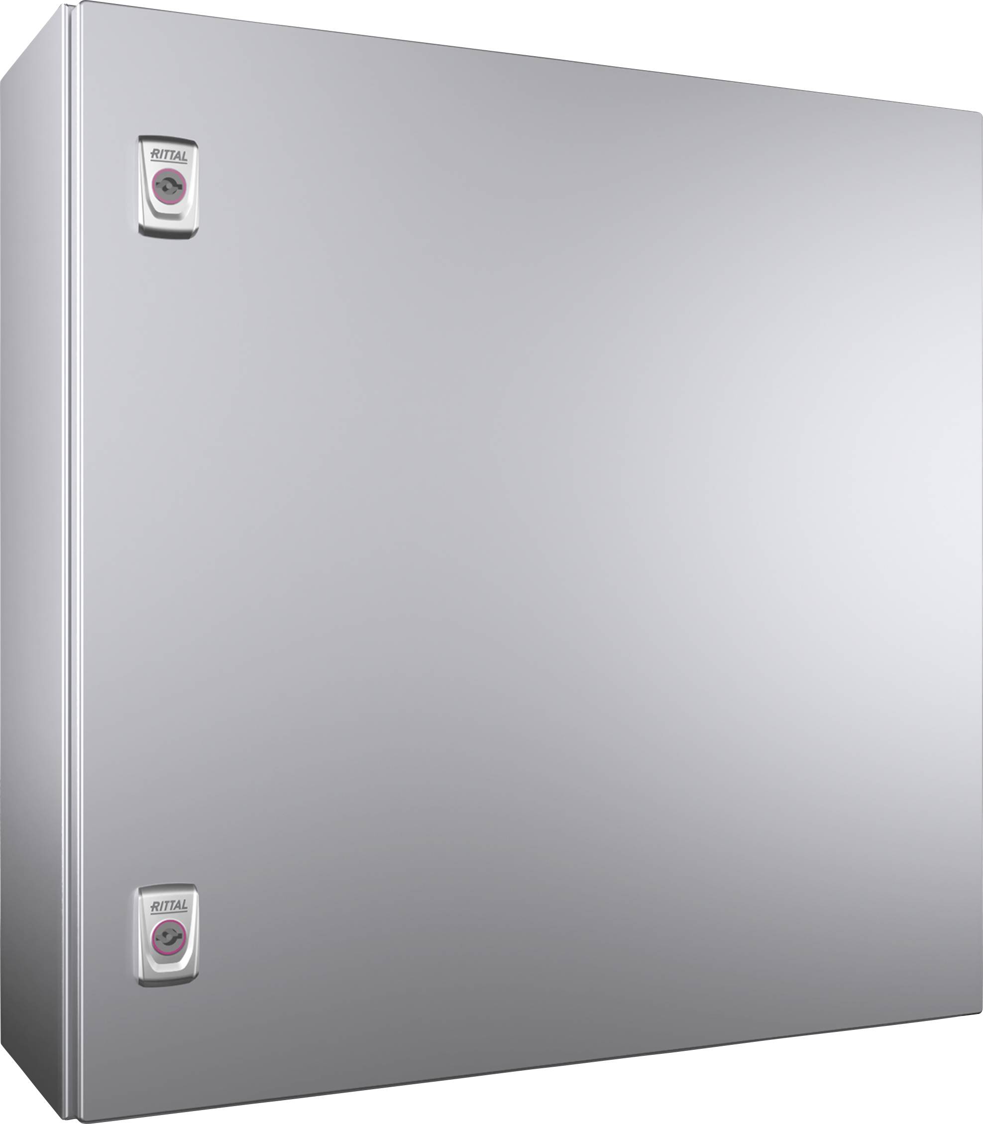 Ein grauer Schrank mit zwei Drehverschlüssen, geeignet für die Aufbewahrung von Elektrogeräten.