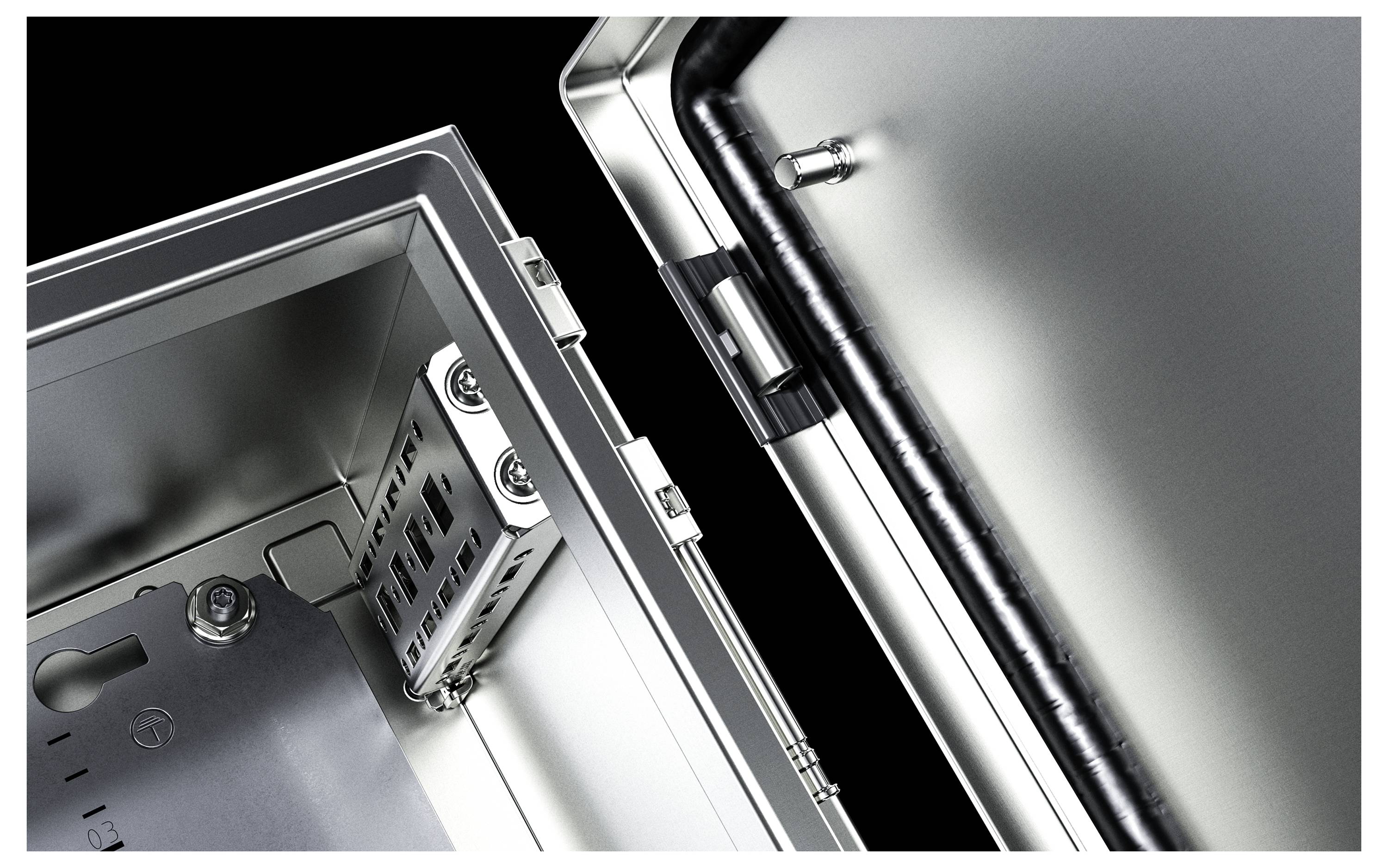 Geöffneter Safe mit metallischer Oberfläche und elektronischem Verriegelungsmechanismus, in einem modernen Design dargestellt.