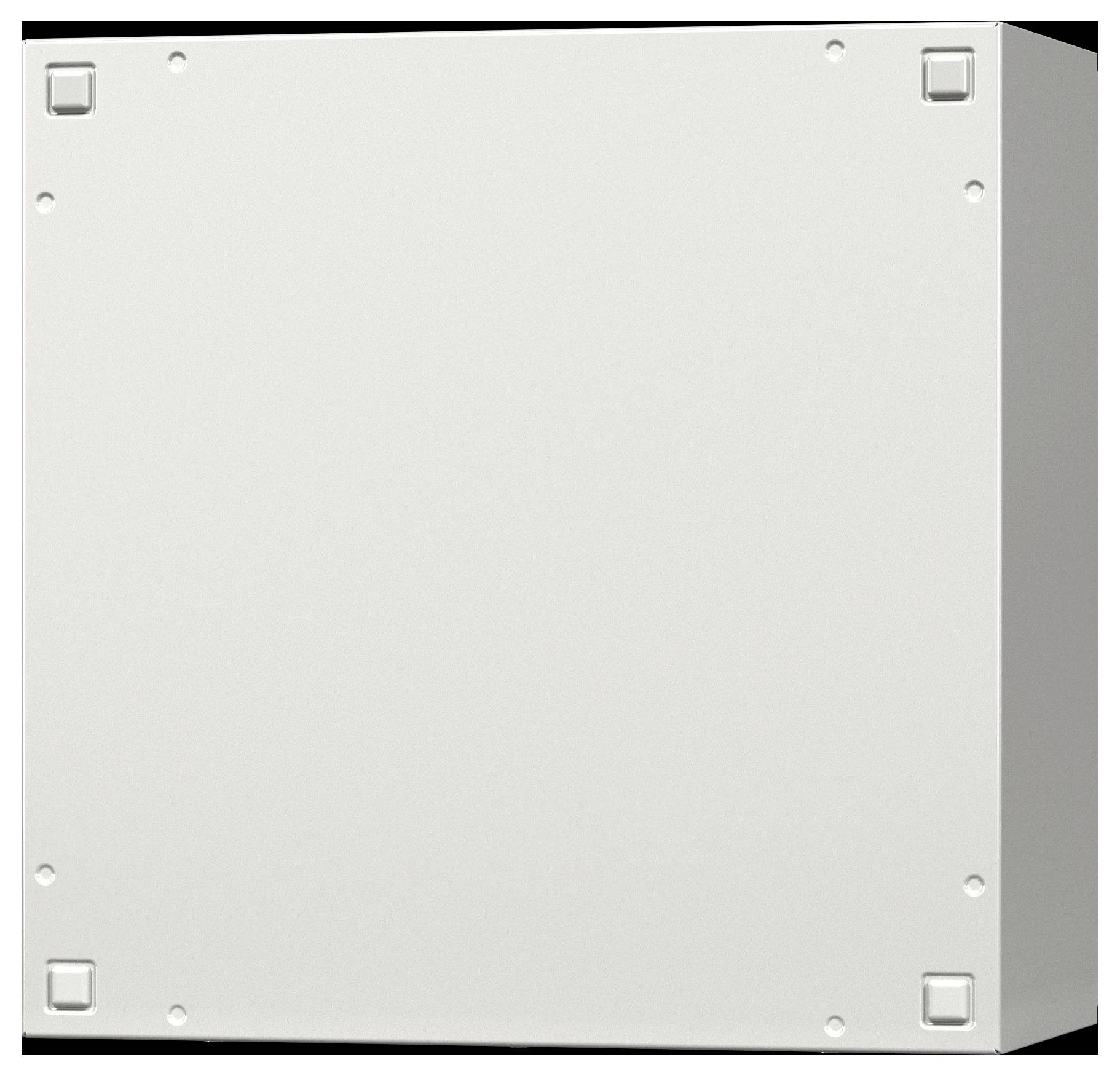 Weiße Metall-Frontplatte oder Gehäusefront mit vier Eckbefestigungen und kleinen runden Löchern, dargestellt vor weißem Hintergrund.