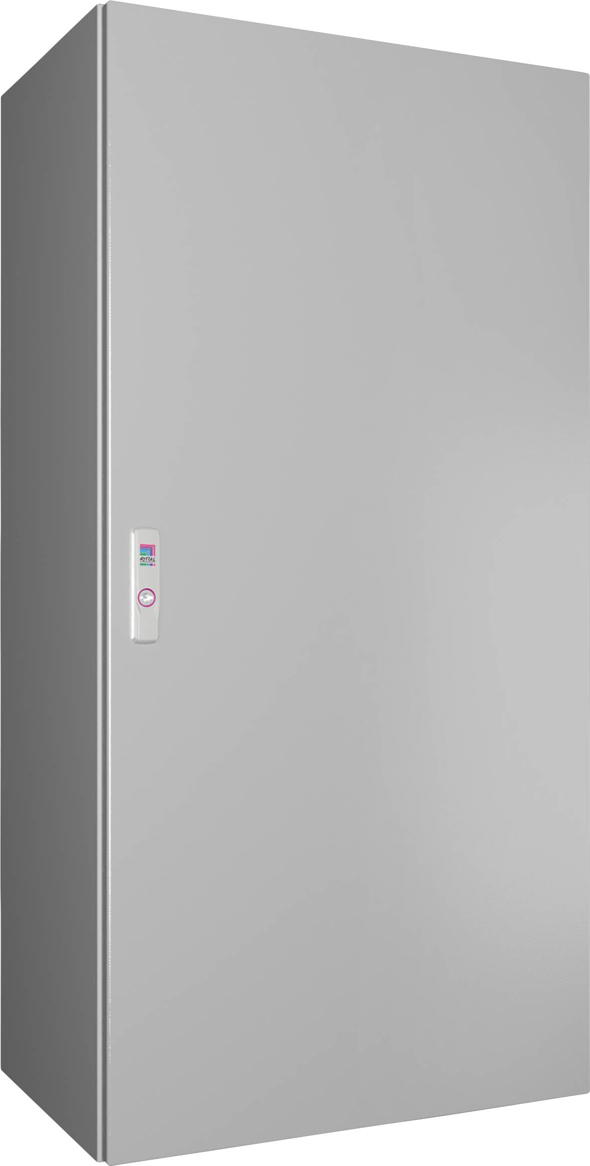Ein großer grauer Schrank mit schlichter Front, ohne sichtbare Griffe. Ein kleines, rechteckiges Bedienfeld ist an der Seite angebracht.