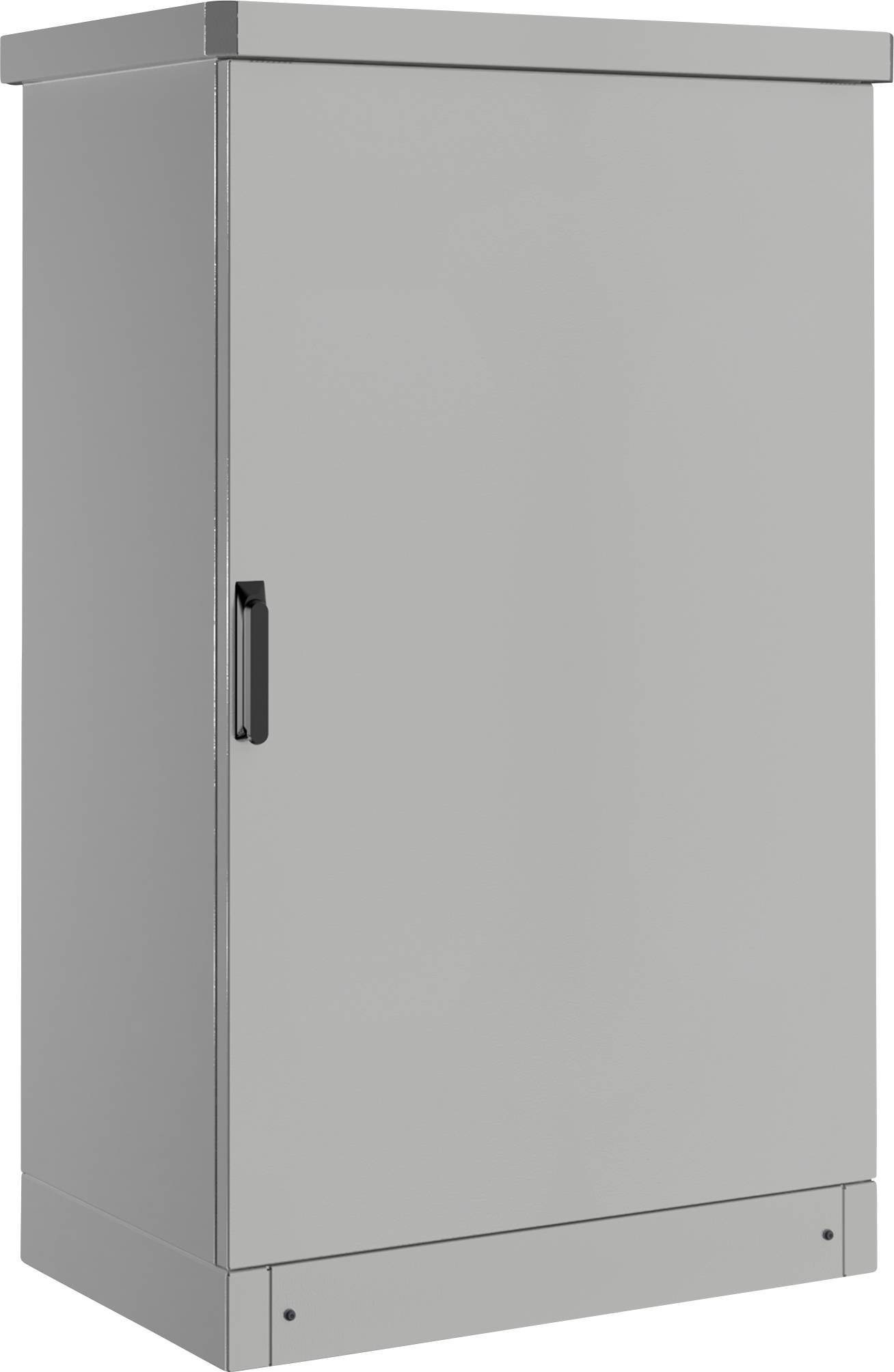Großer grauer Schrank mit Griff an der linken Seite, vor einem neutralen Hintergrund stehend.