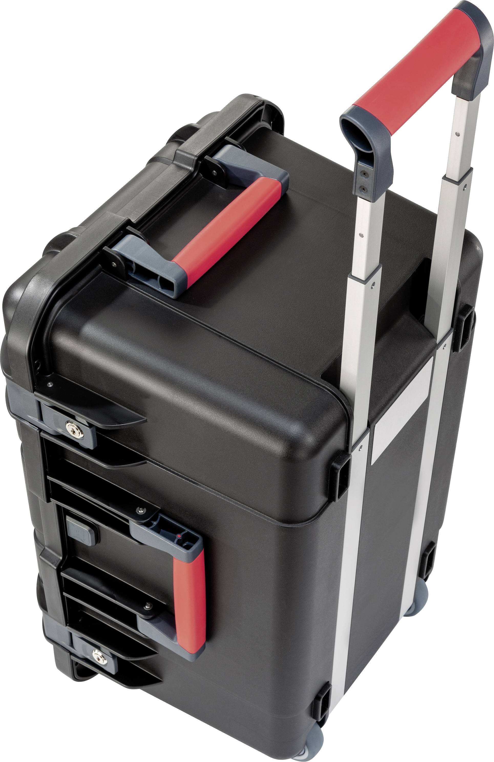Ein schwarzer, robuster Rollkoffer mit Aluminiumteleskopgriff und roten Griffen, geeignet für Reisen und Transport von technischem Equipment.