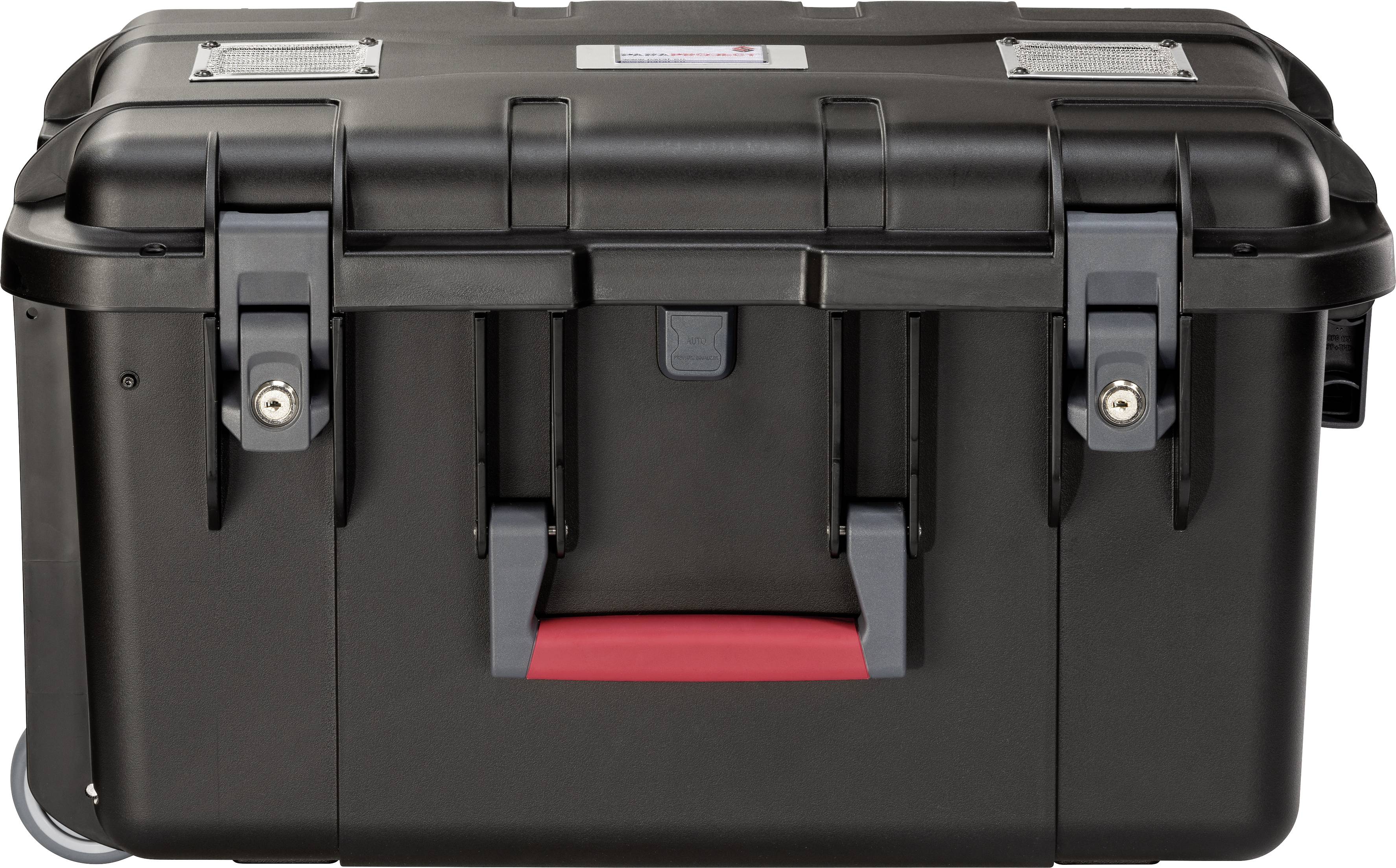 Schwarzer, robuster Transportkoffer mit Riegeln und Griffen. Geeignet für sicheren Transport von empfindlichem Equipment.