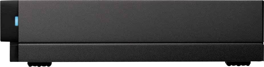 Schwarzes, rechteckiges Elektronikgerät mit blauem Licht auf der linken Seite, auf flachem Untergrund stehend.