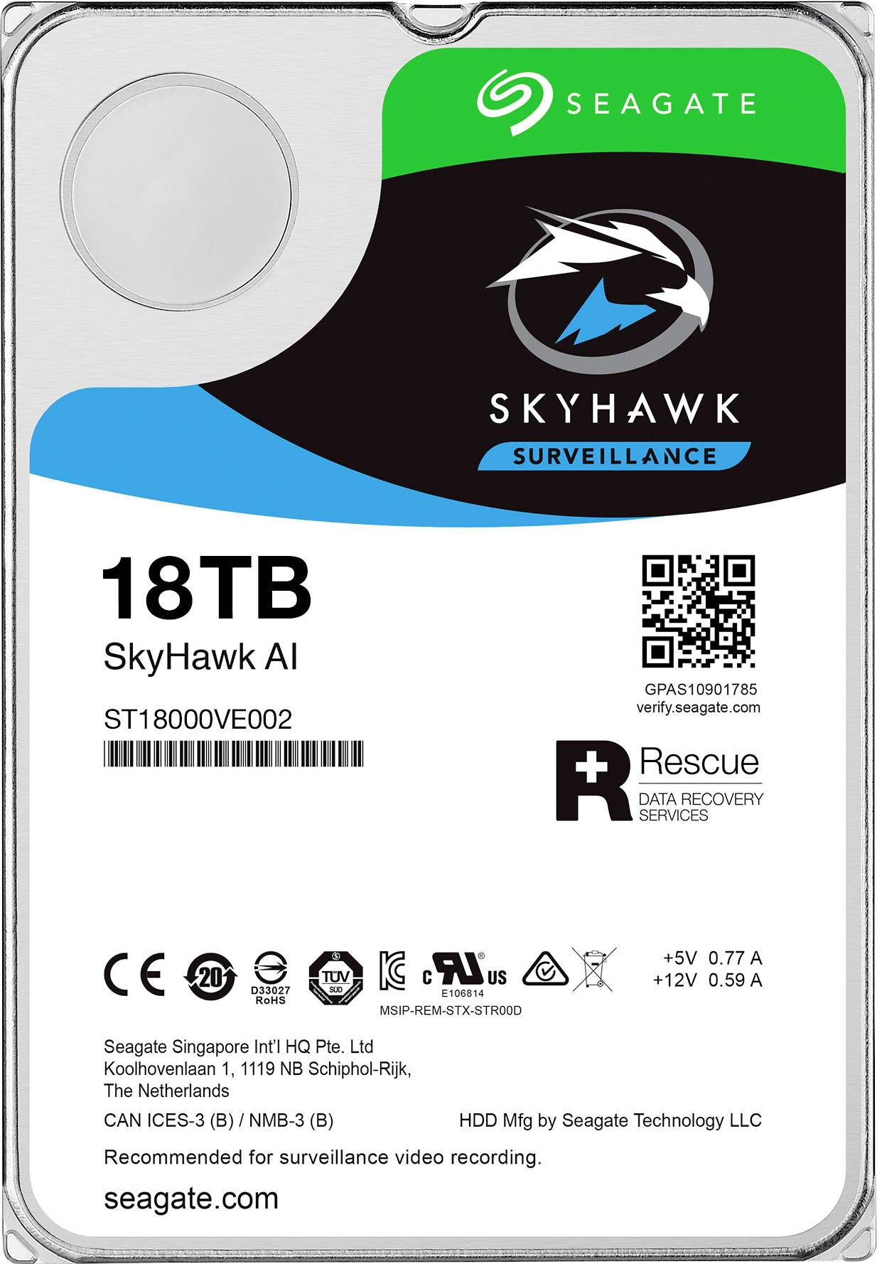 Seagate SkyHawk™ AI 18 TB Interne Festplatte 8.9 cm (3.5 Zoll) SATA 6 Gb/s ST18000VE002 Bulk