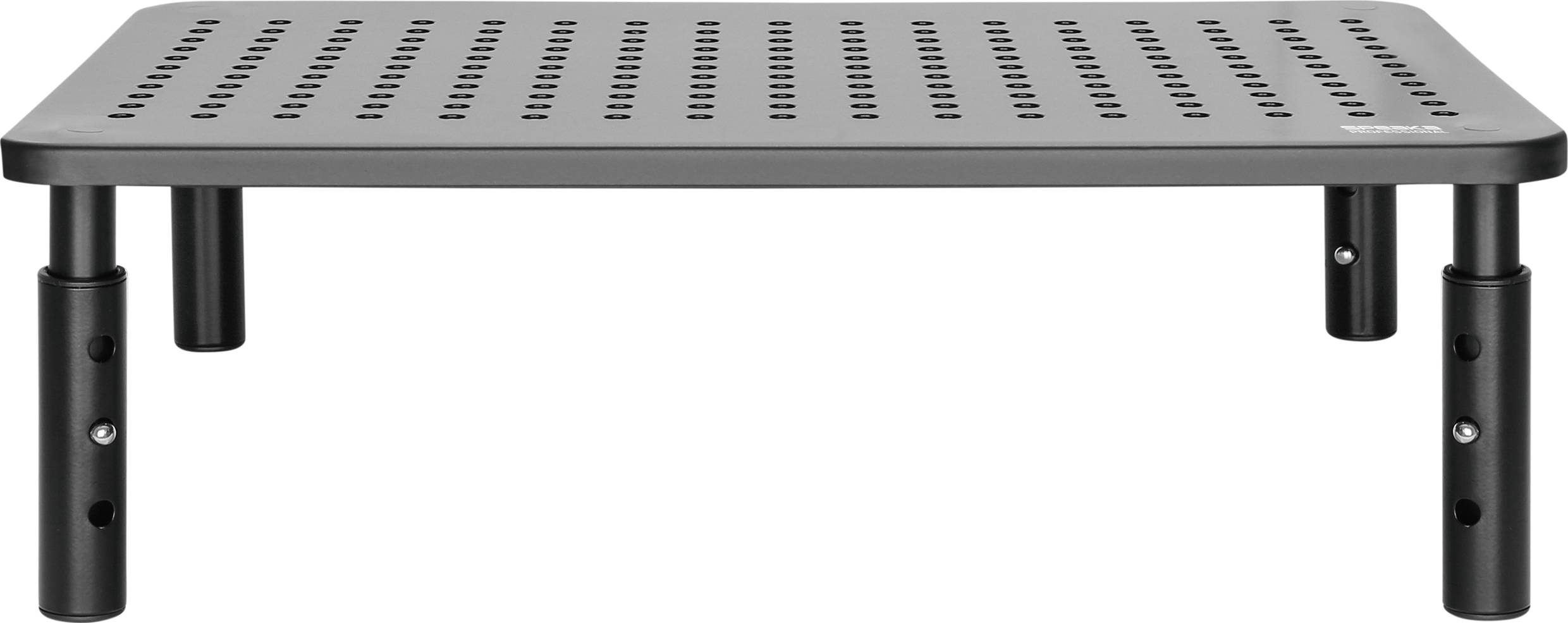 Ein verstellbarer Monitorständer aus Metall mit Lochmusteroberfläche. Vier Beine bieten Höhenverstellung für ergonomisches Arbeiten.
