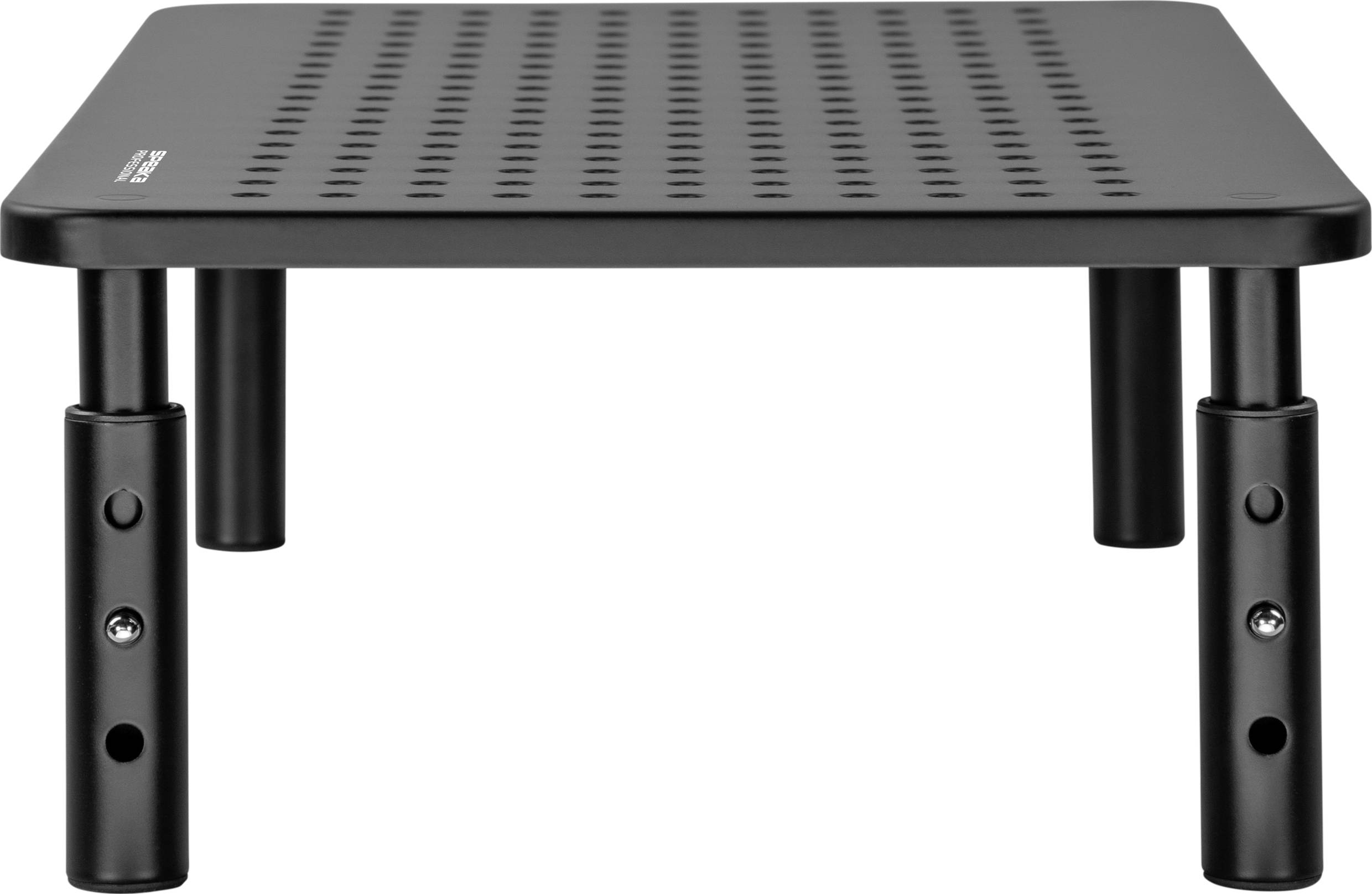 Der schwarze, verstellbare Monitorständer aus Metall hat eine perforierte Oberfläche und vier Stabilitätsfüße.