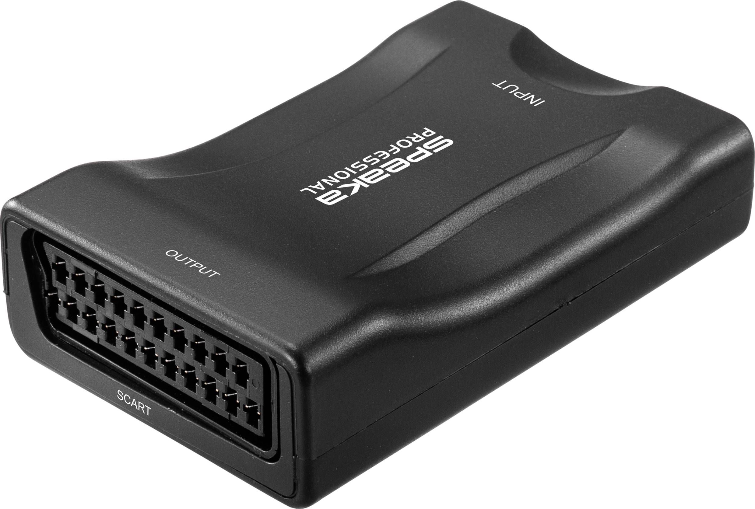 Schwarzer SCART-Adapter mit 'Input' und 'Output' auf der Oberseite, verwendet für die Verbindung von Audiovisuellen Geräten.