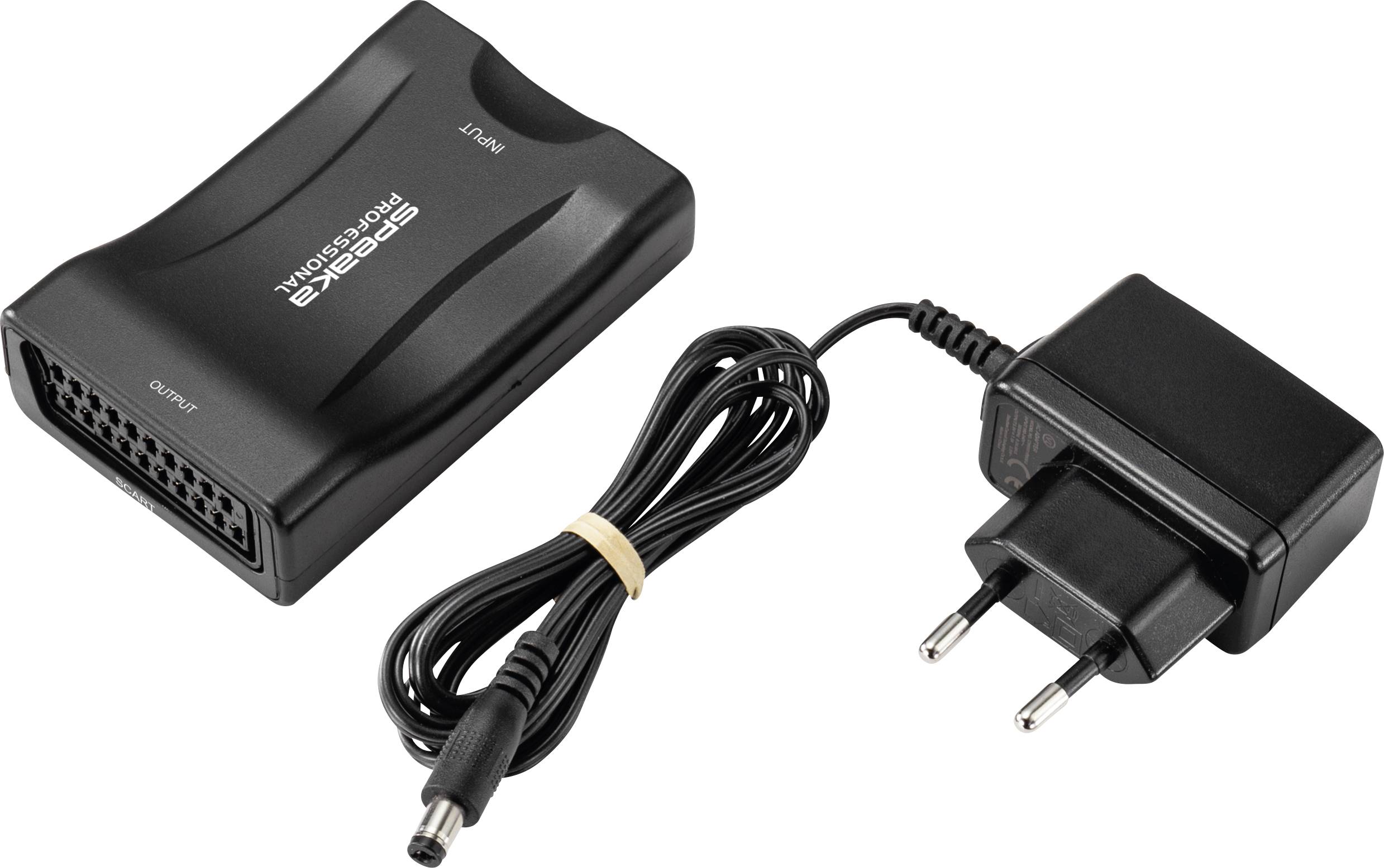 Schwarzer Scart-Adapter mit europäischem Stromstecker. Adapter hat einen 'Input' und 'Output' Anschluss und wird über ein Kabel verbunden.