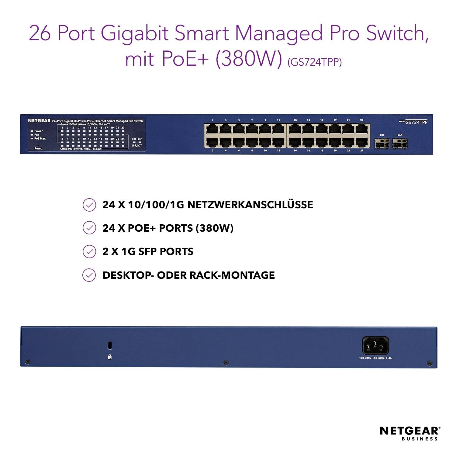 NETGEAR GS724TPP-100EUS 24P GE High-Pwr PoE+ Smrt Switch Netzwerk Switch 24 Port PoE-Funktion