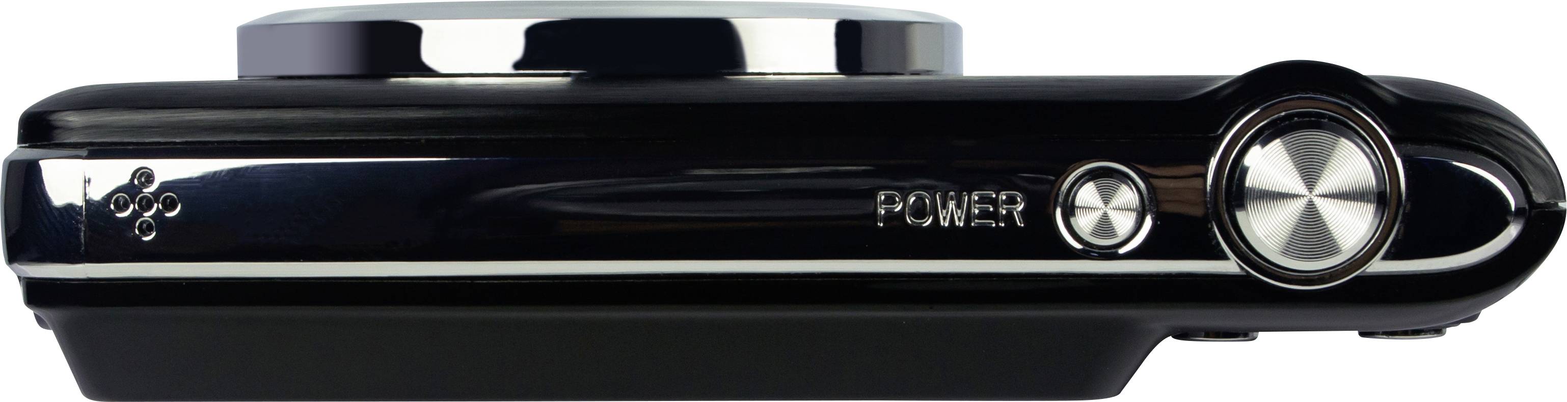 Ein schwarzer, flacher elektronischer Gerät mit einem silbernen Einschaltknopf und einer Beschriftung 'POWER' an der Seite.