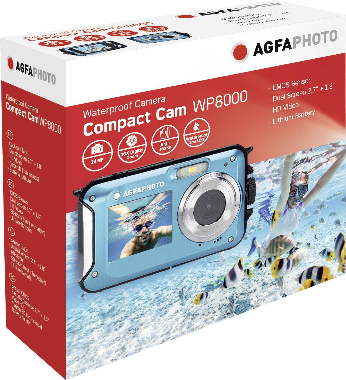 AgfaPhoto Realishot WP8000 Digitalkamera 24 Megapixel Blau inkl. Akku, inkl. Tasche Unterwasserkamera, Wasserdicht bis 3 m, Full HD Video