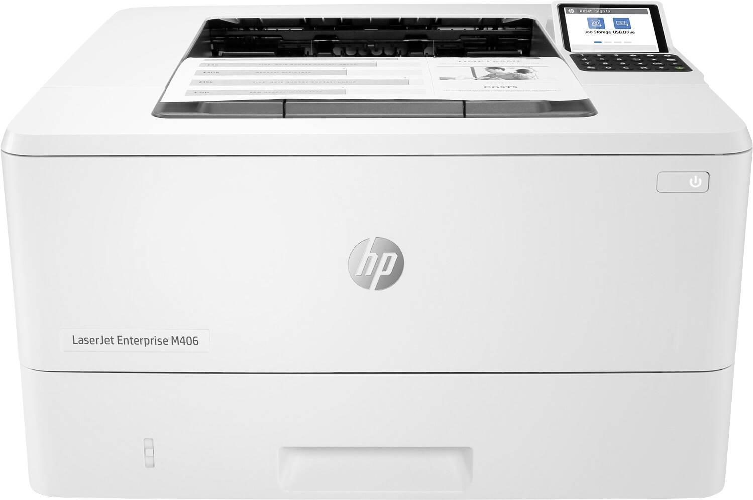 Ein weißer Laserdrucker der Marke HP mit einem kleinen Display und Bedienfeld oben rechts. Modellspezifikation: LaserJet Enterprise M406.
