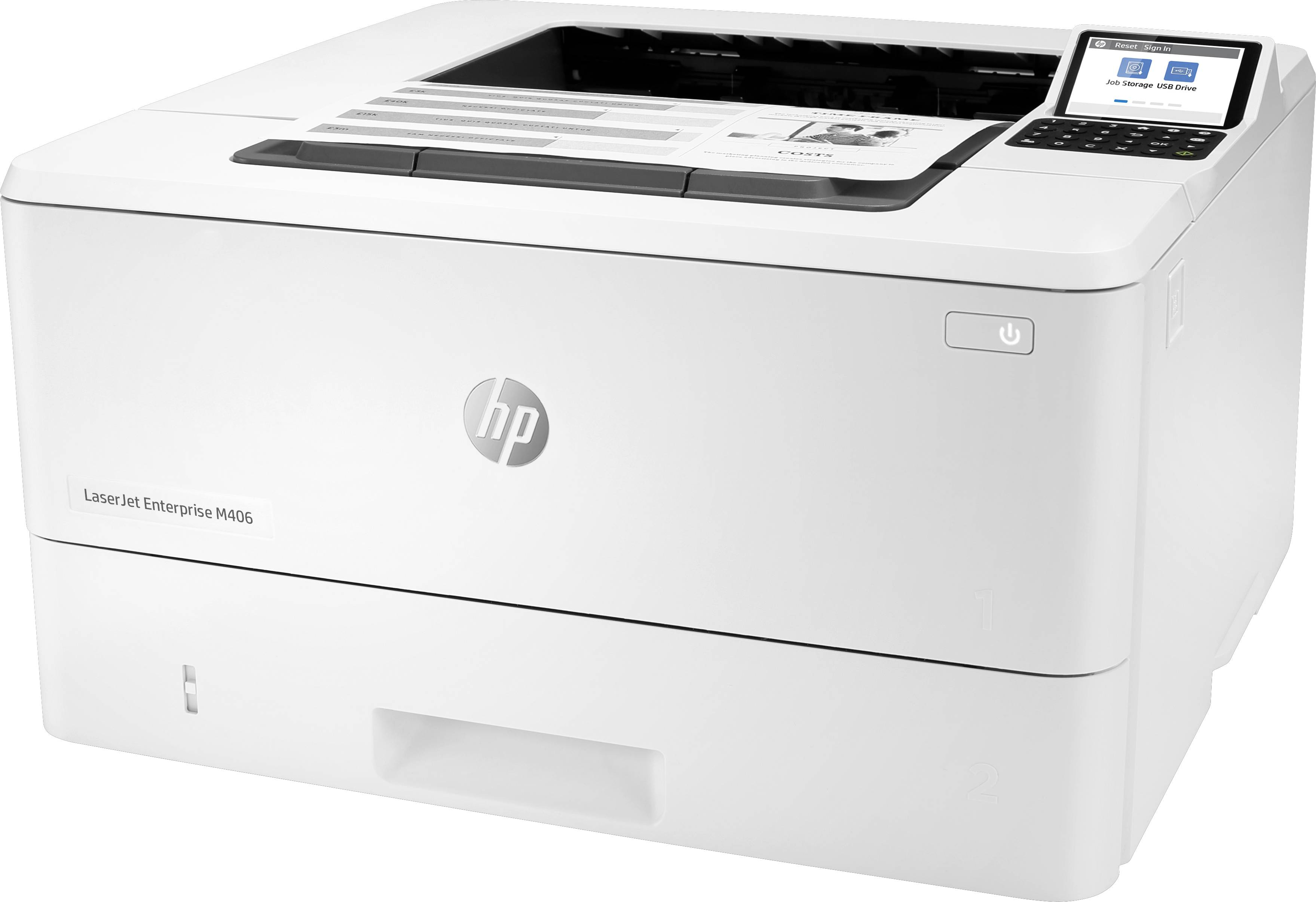 Ein weißer Laserdrucker mit einem kleinen Display und Steuerungstasten an der rechten oberen Ecke; geeignet für Bürogebrauch.