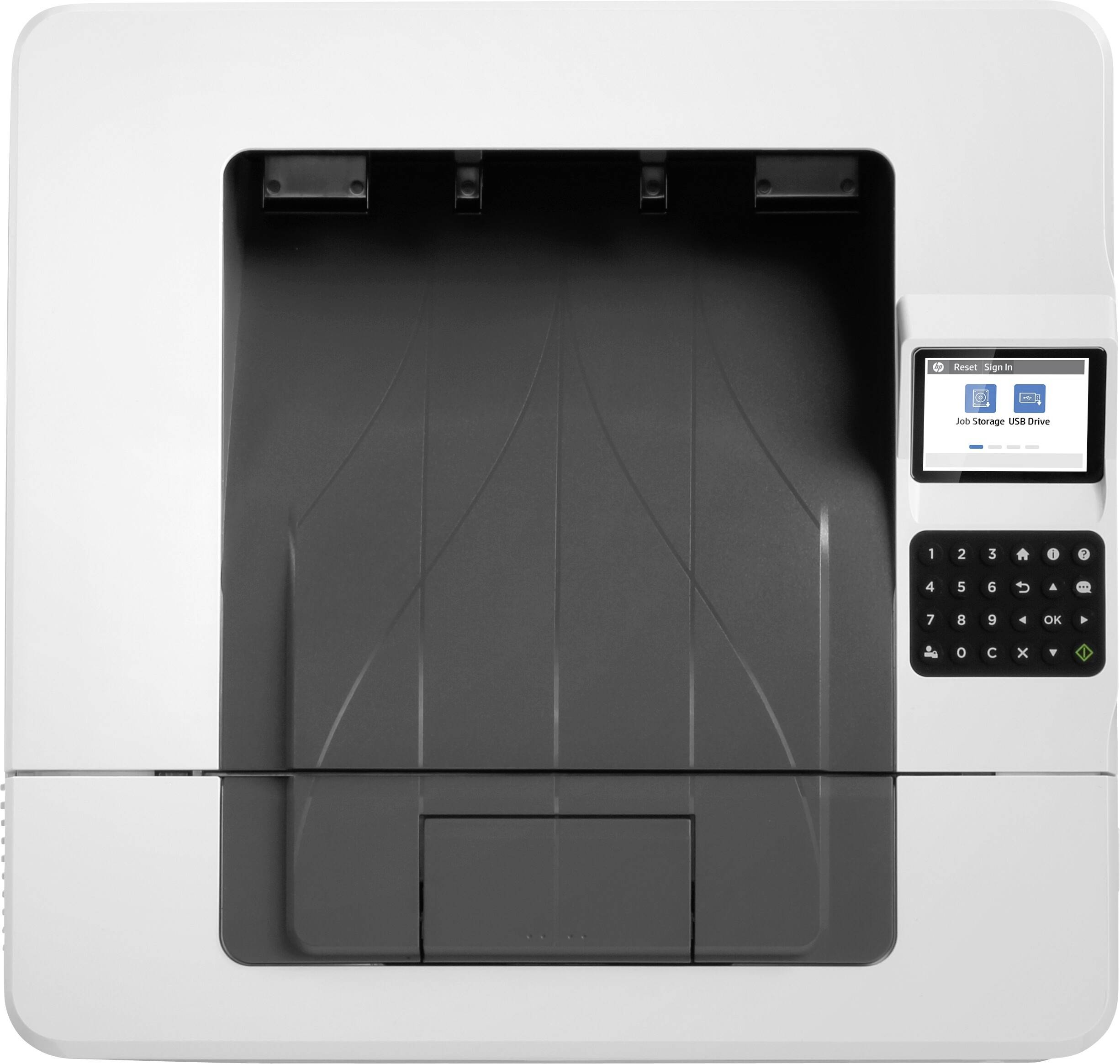 Ein Drucker von oben mit einem Display, das 'Job Storage USB Drive' anzeigt, und einem Ziffernblock an der rechten Seite des Geräts.