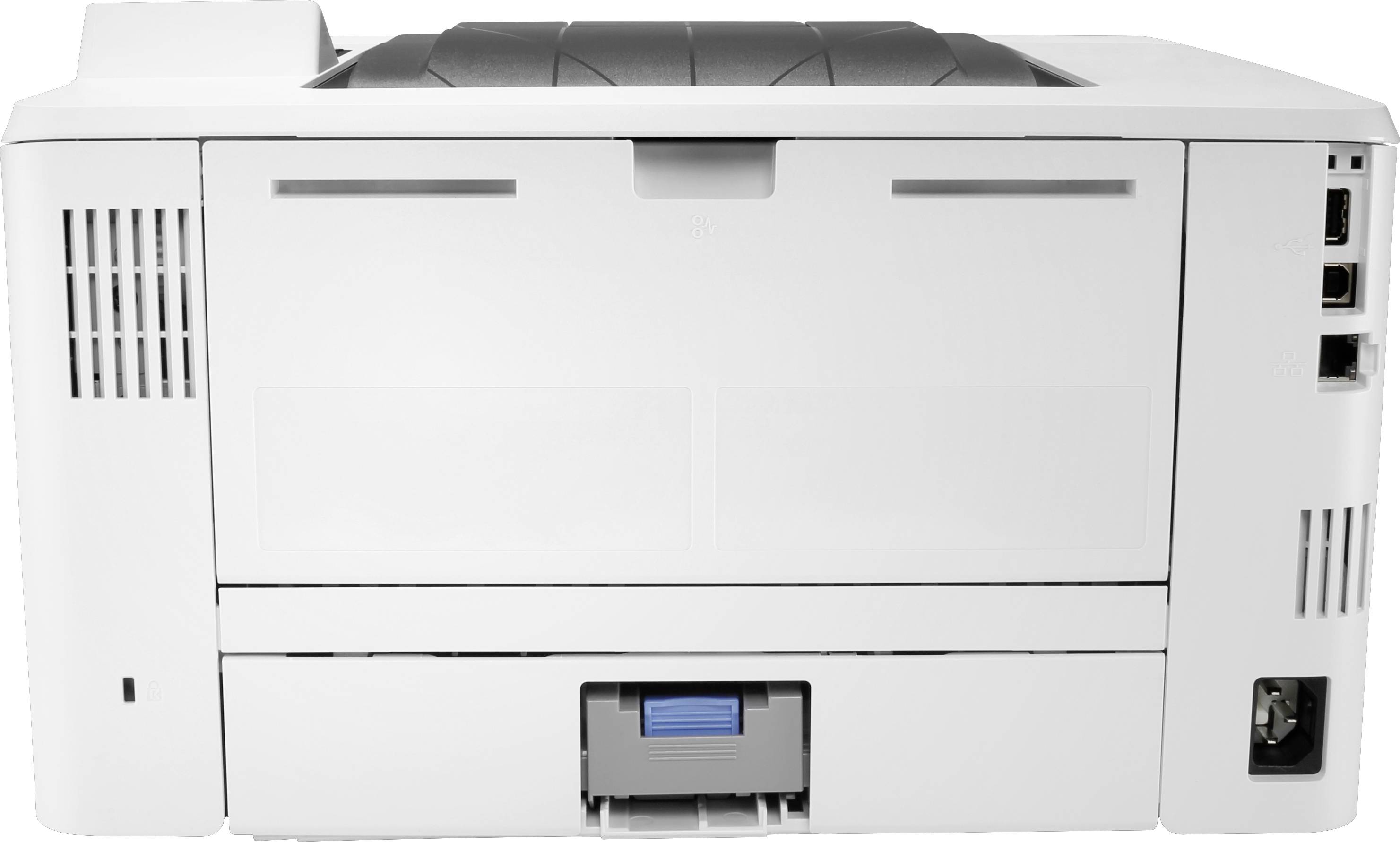 Ein weißer Desktop-Drucker von hinten, zeigt Anschlussoptionen und Papierfach.