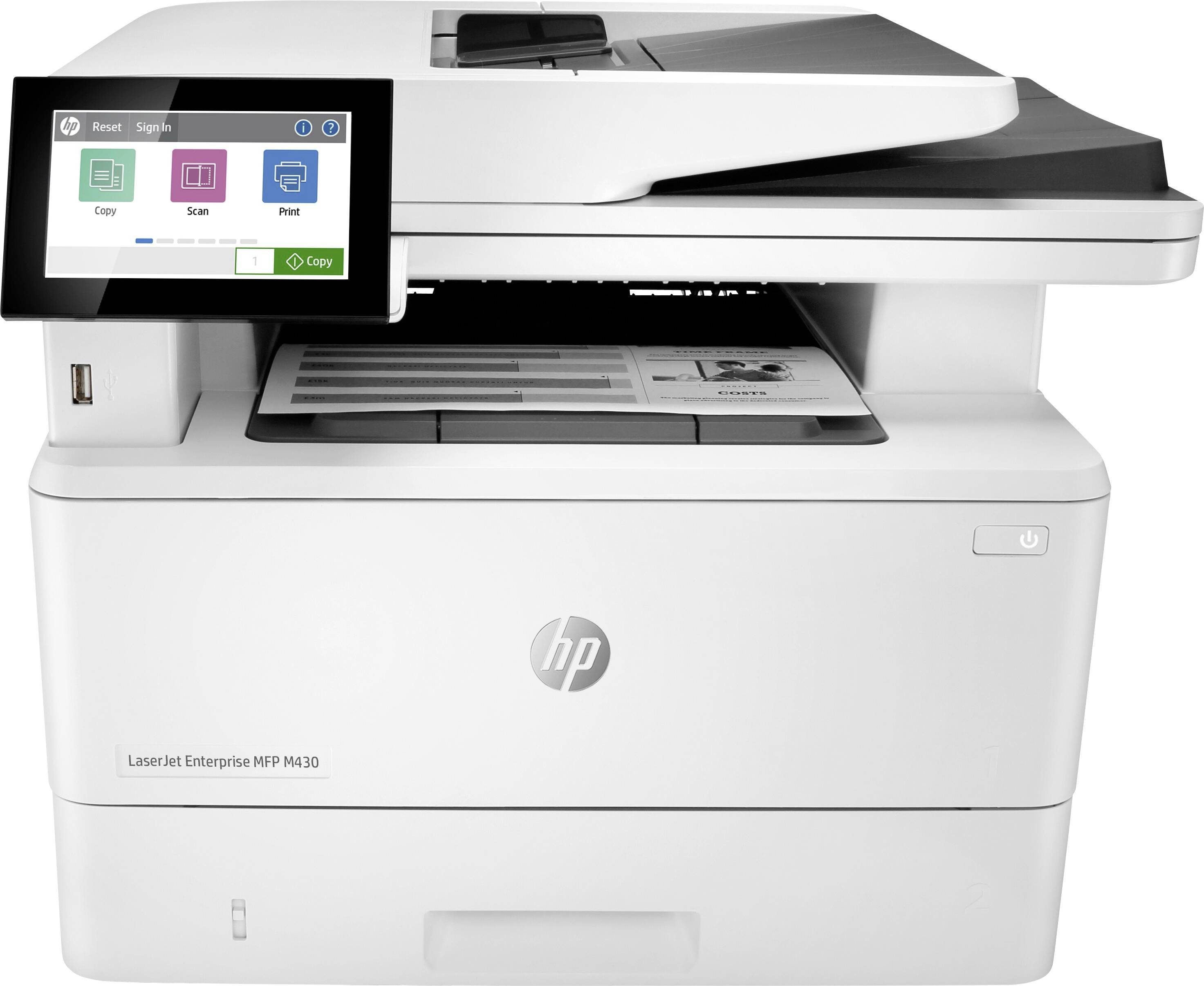 Ein weißer Multifunktionsdrucker mit Display, das Optionen wie 'Kopieren', 'Scannen' und 'Drucken' anzeigt.