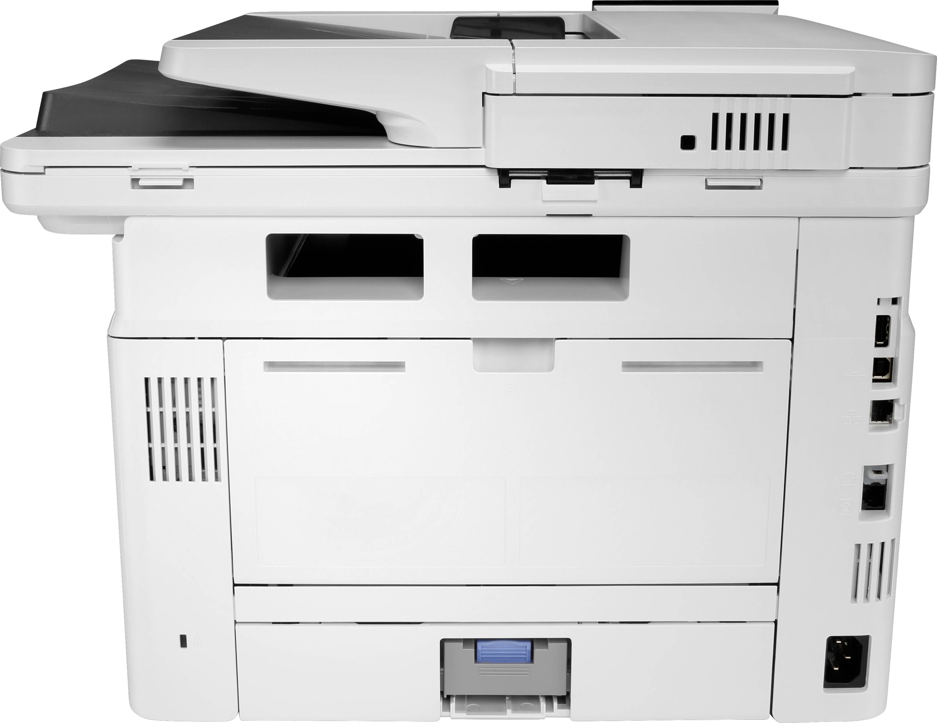 Ein weißer Multifunktionsdrucker mit Bedienfeld und Papierfach, auf einer Seite betrachtet. Geeignet für Büroanwendungen.