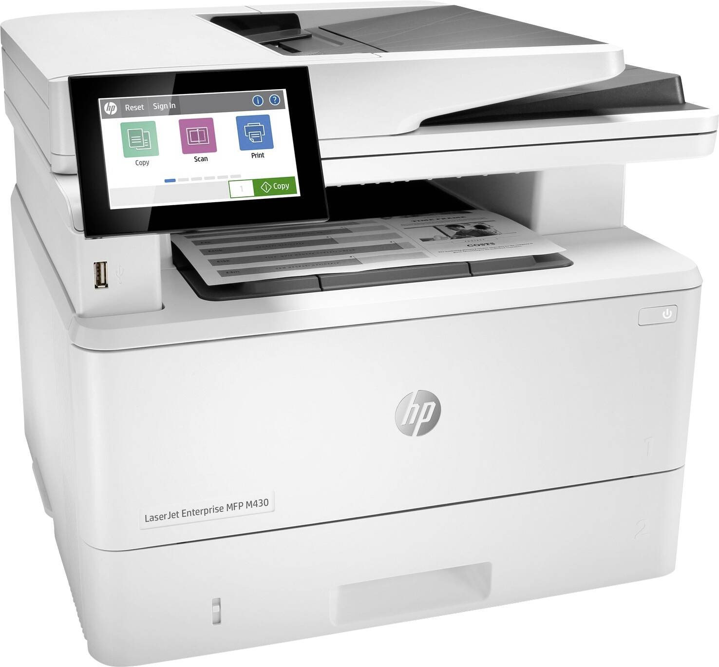 Ein weißer Multifunktionsdrucker mit Touchscreen, der Optionen wie 'Kopieren', 'Scannen' und 'Drucken' zeigt.