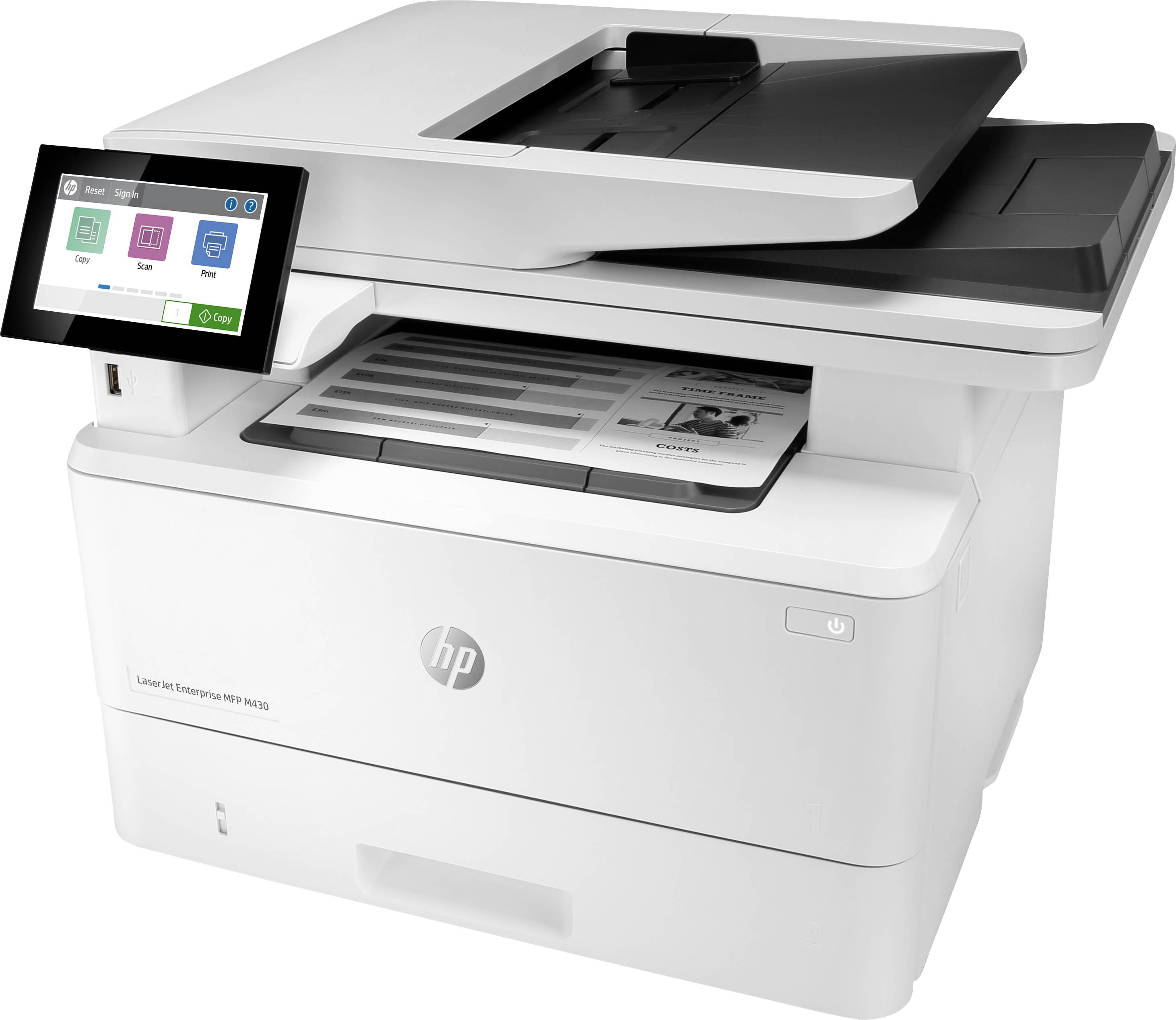 Ein moderner Laserdrucker mit Touchscreen-Bedienfeld, zeigt mehrere Icons für Druck-, Scan- und Kopierfunktionen.