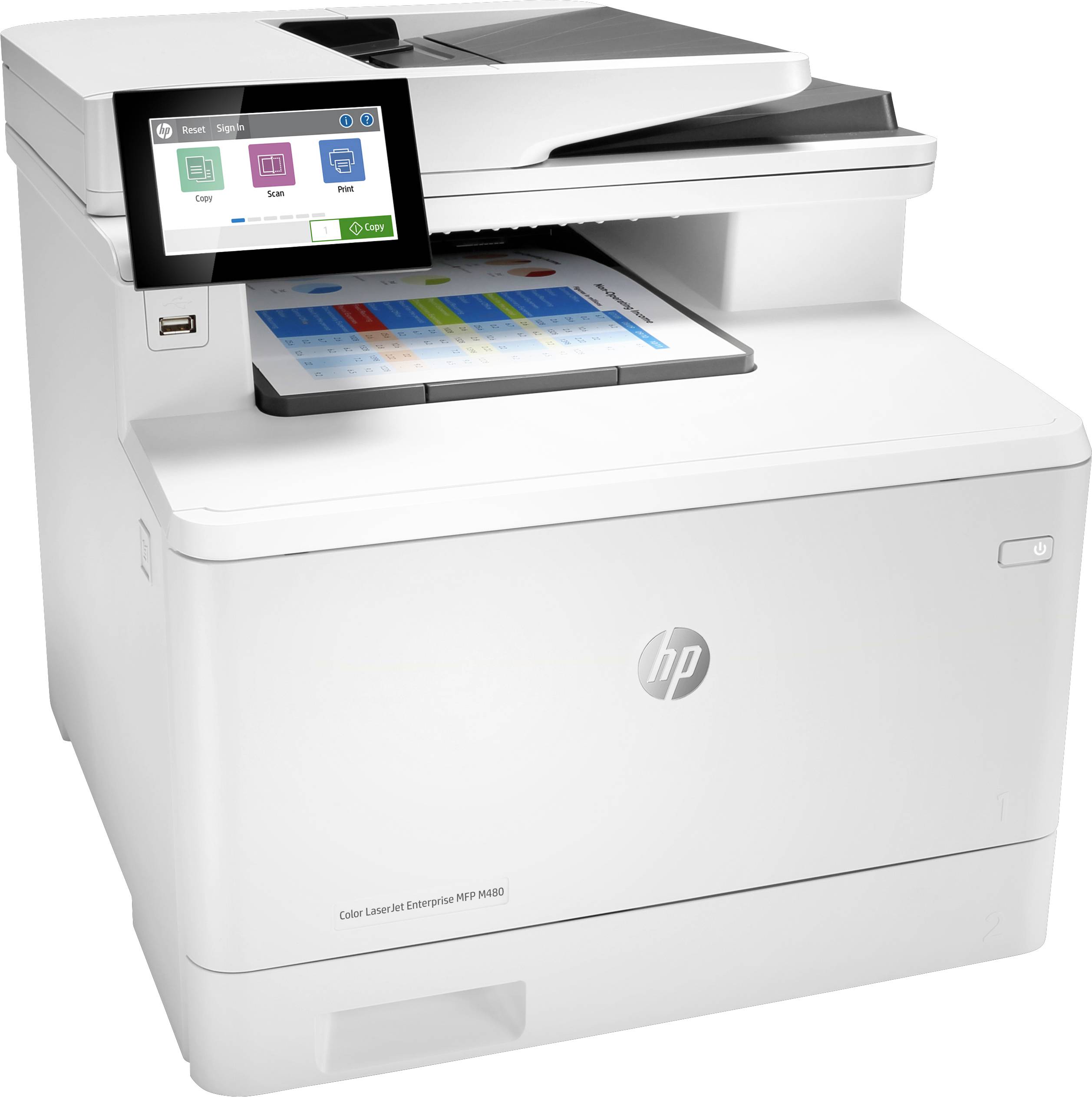 Ein weißer Multifunktionsdrucker mit Touchscreen-Display, das Menüoptionen wie Kopieren, Scannen und Drucken zeigt. Papierfach geöffnet.