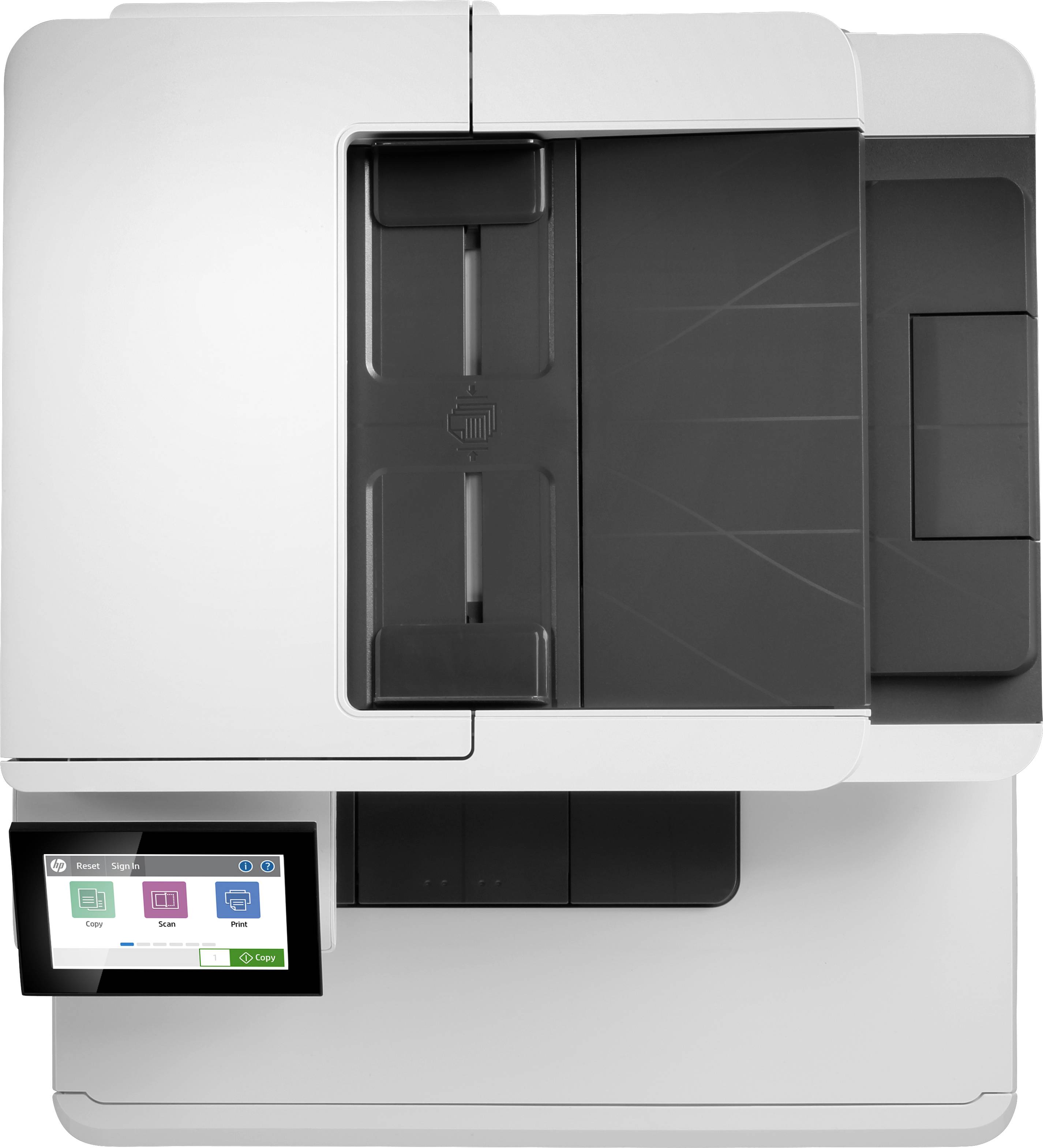 Ein moderner Drucker mit einem Touchscreen-Display zeigt zwei Schaltflächen: 'Kopieren' und 'Scannen'.