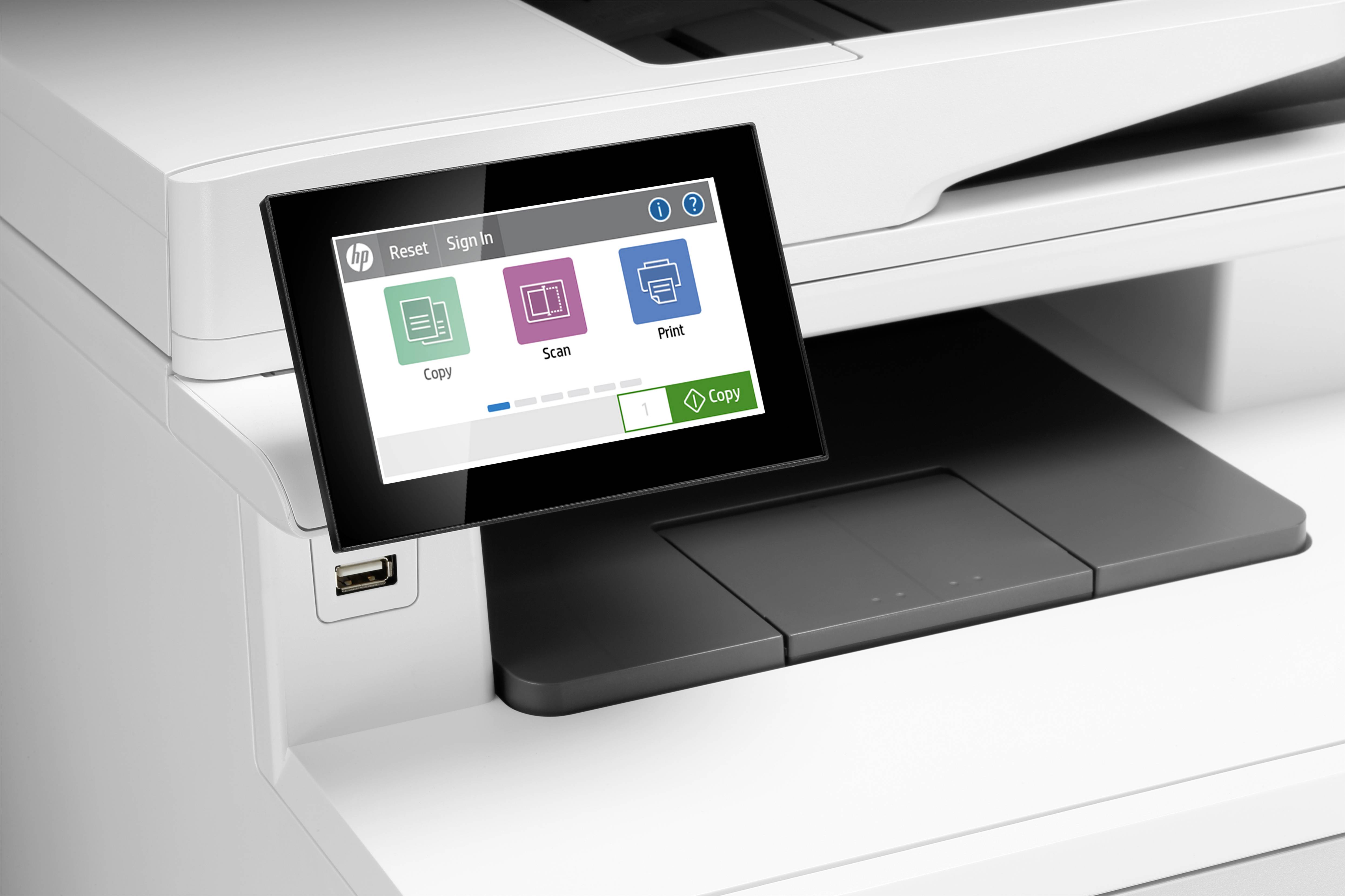 Ein Drucker mit Touchscreen; zeigt Optionen für 'Kopieren', 'Scannen' und 'Drucken'. Der Bildschirm bietet intuitive Steuerung.