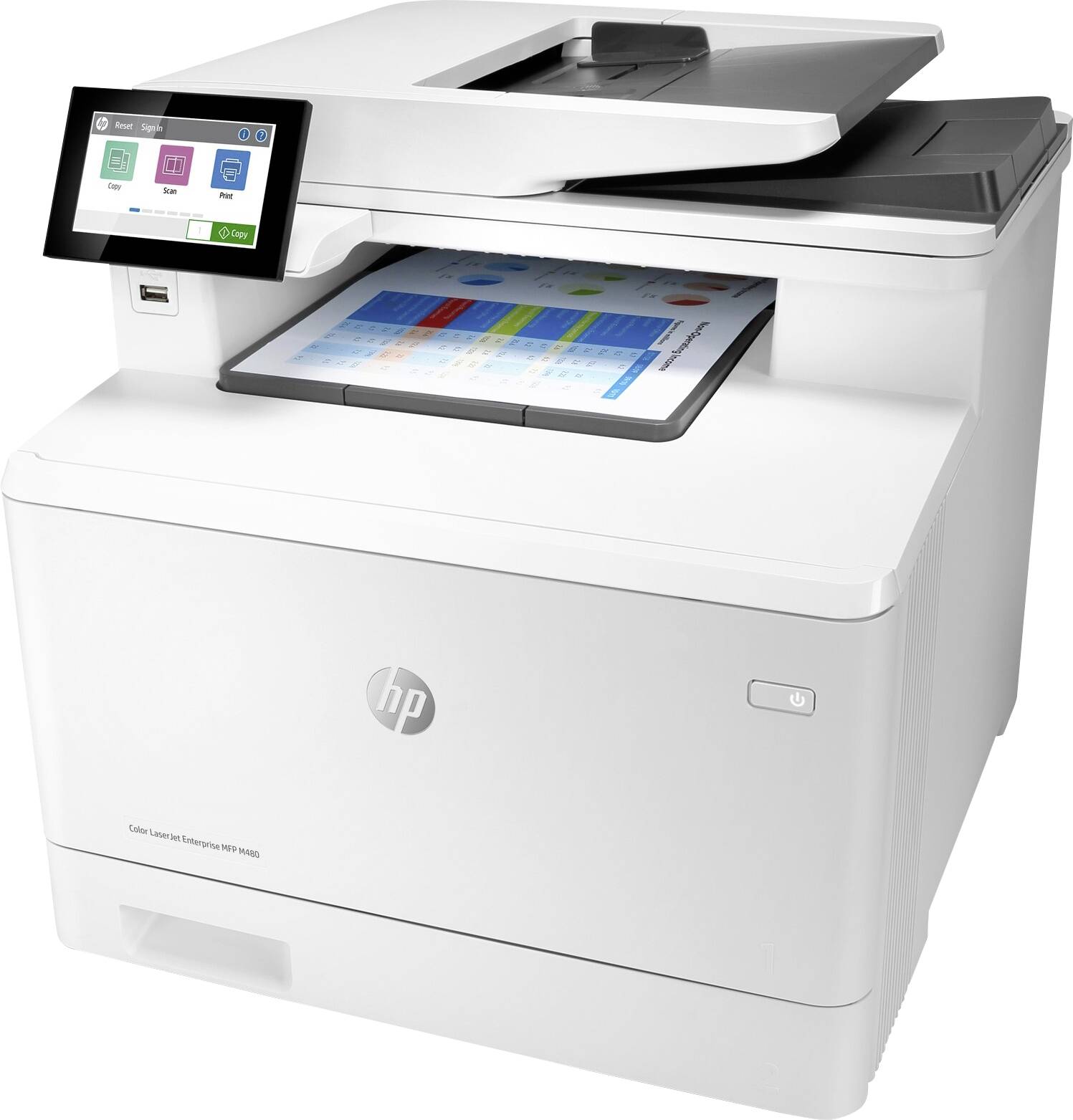 Ein weißer Multifunktionsdrucker mit Farbdisplay auf der linken Seite. Eine farbige Seite wird gerade gedruckt.