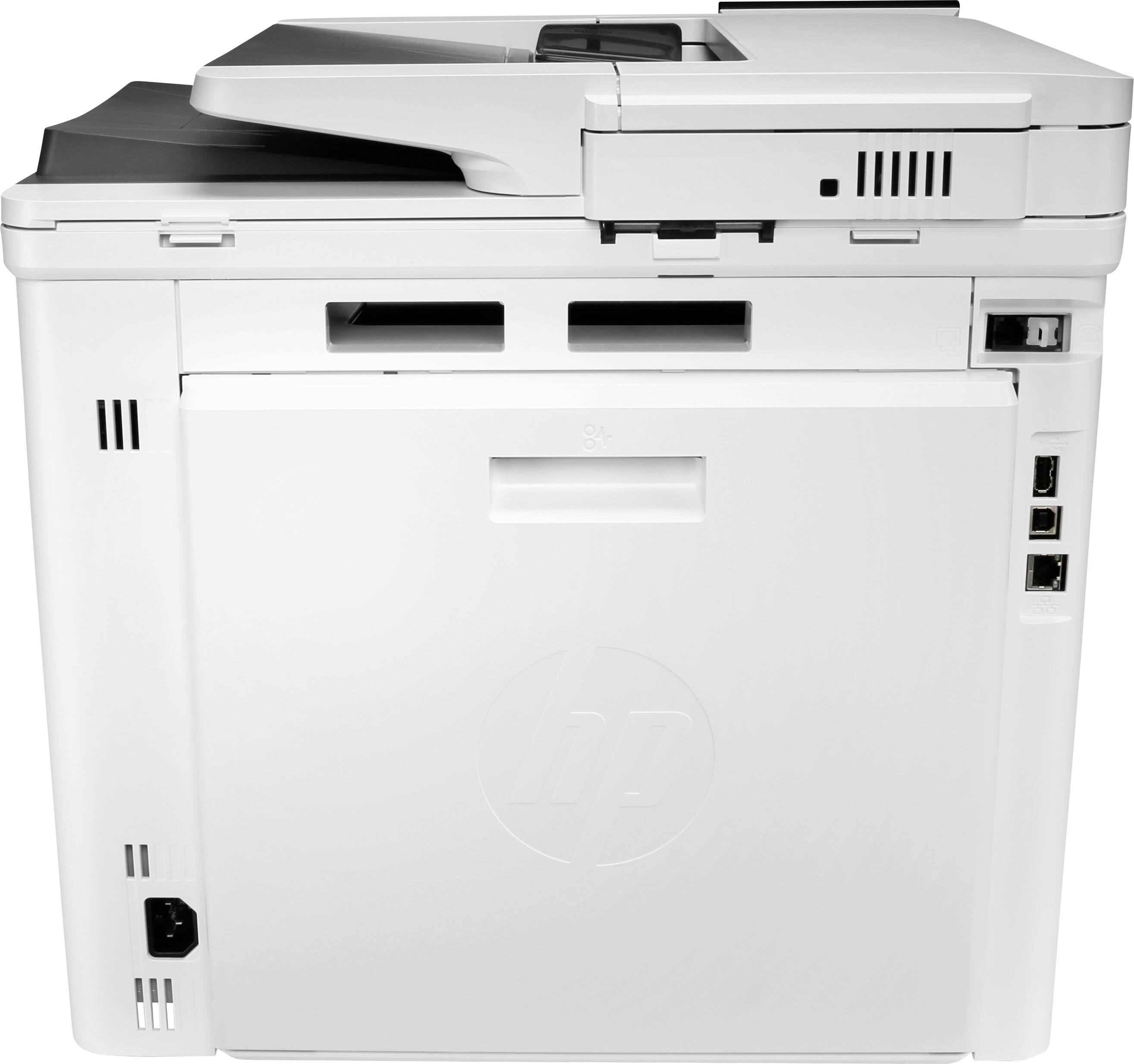 Ein weißer Multifunktionsdrucker mit Bedienelementen oben, mehreren Papierfächern und Anschlussmöglichkeiten auf der rechten Seite.