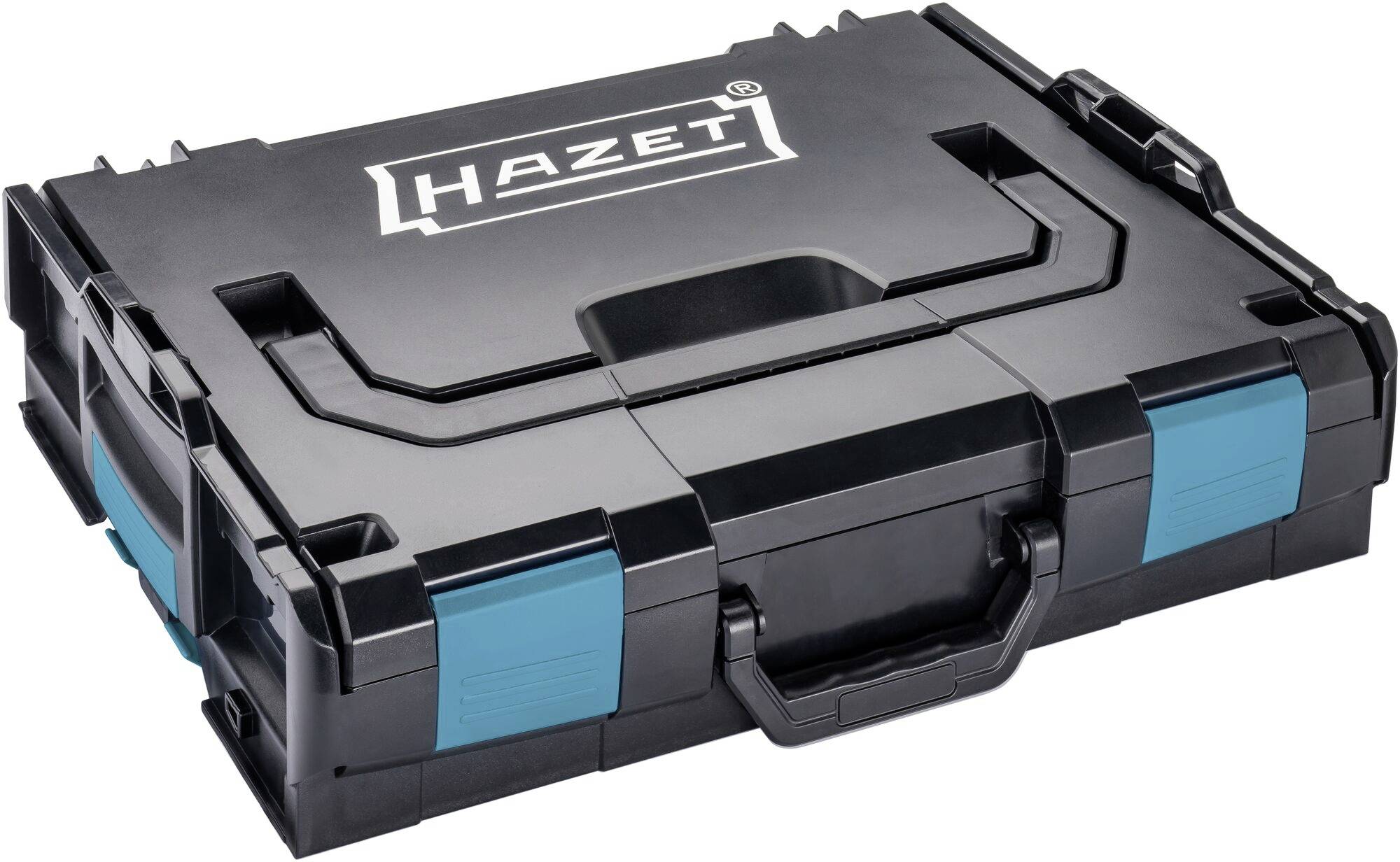 Schwarzer Kunststoffkoffer mit 'Hazet'-Logo auf dem Deckel, blauen Seiten und Tragegriff vorne.