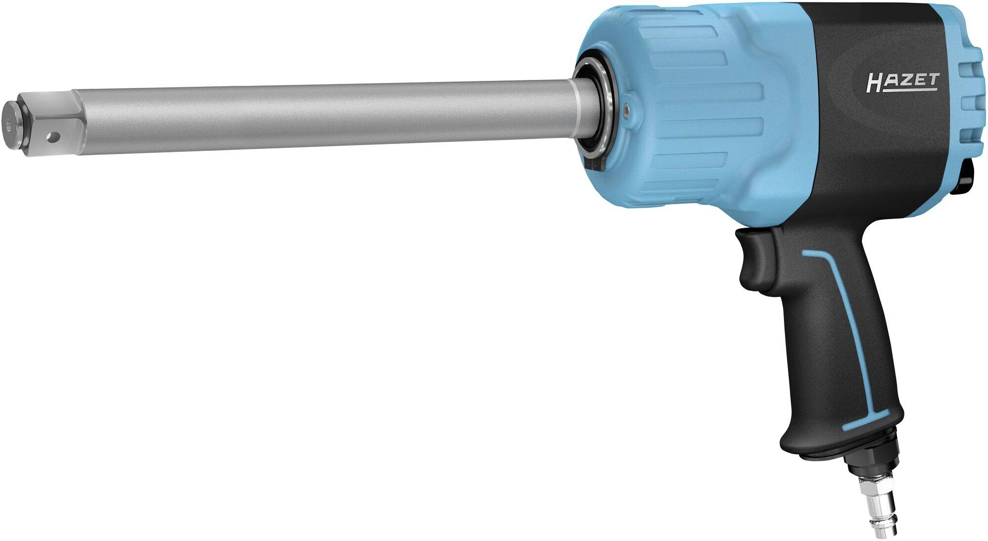 Ein Druckluft-Schlagschrauber mit blauem und schwarzem Gehäuse, einem langen Metallwerkzeugaufsatz und dem Markennamen 'Hazet'.