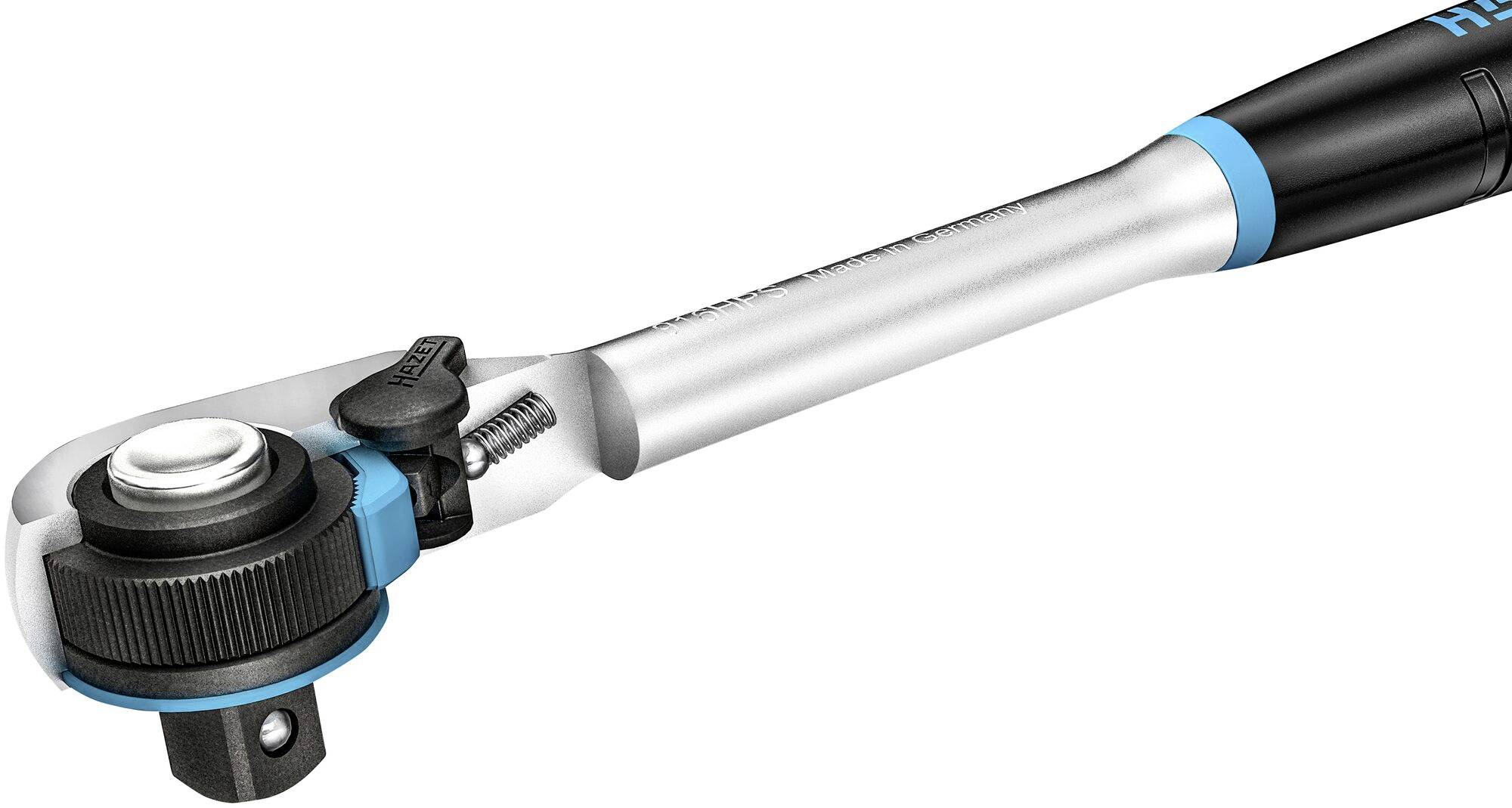 Drehmomentschlüssel in Nahaufnahme, metallisch mit blau-schwarzem Griff, geeignet zum Anziehen von Schrauben mit präzisem Drehmoment.