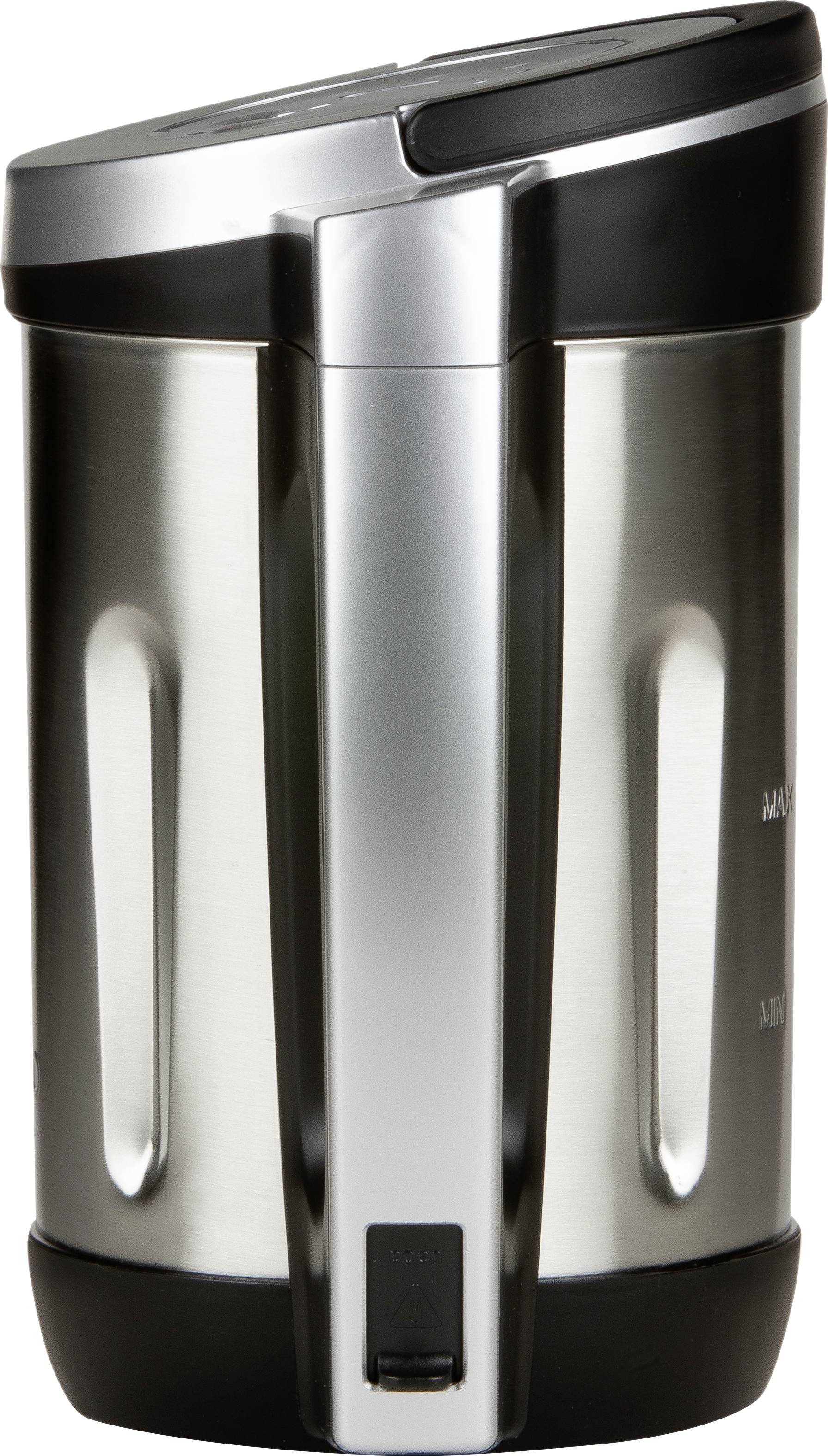 Ein silberner Wasserkocher mit schwarzem Deckel und Griff. Der Körper ist aus Edelstahl, und der Deckel hat eine Tastenbedienung.