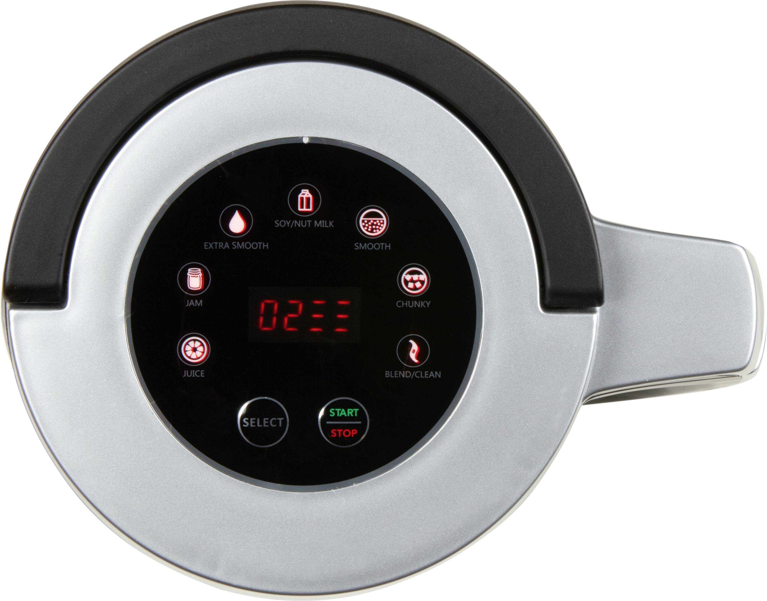 Küchengerät von oben mit digitalem Display, zeigt '02' an. Tasten für Funktionen wie Saft, Suppe und Reinigung erkennbar.