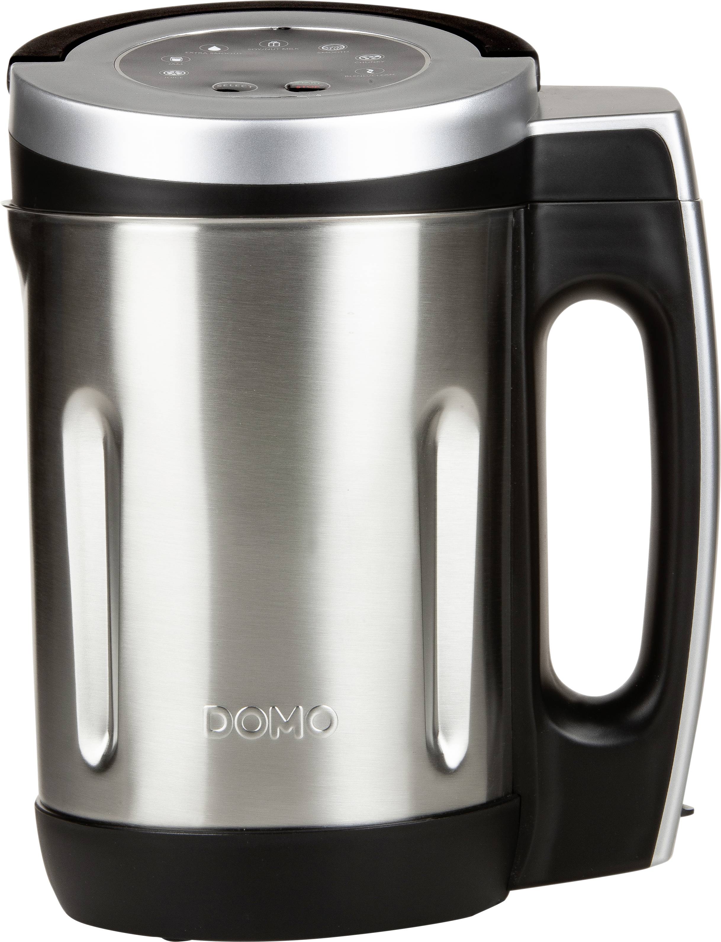 Ein silberner elektrischer Suppenzubereiter mit schwarzen Griffen und Bedienelementen auf der Oberseite.