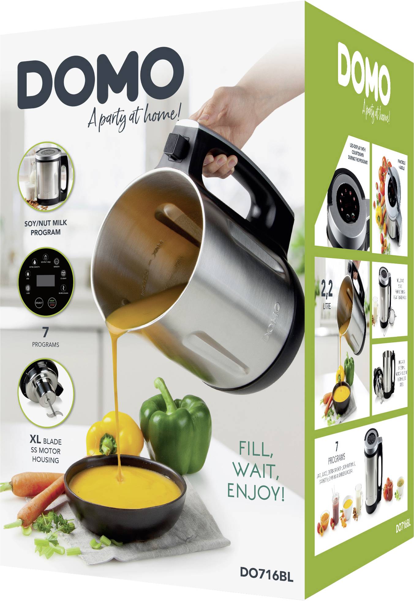 Elektrischer Suppenbereiter mit Edelstahlbehälter schüttet orange Suppe in eine Schale. Text: 'Fill, wait, enjoy!'. Sieben Programme, XL-Klinge.