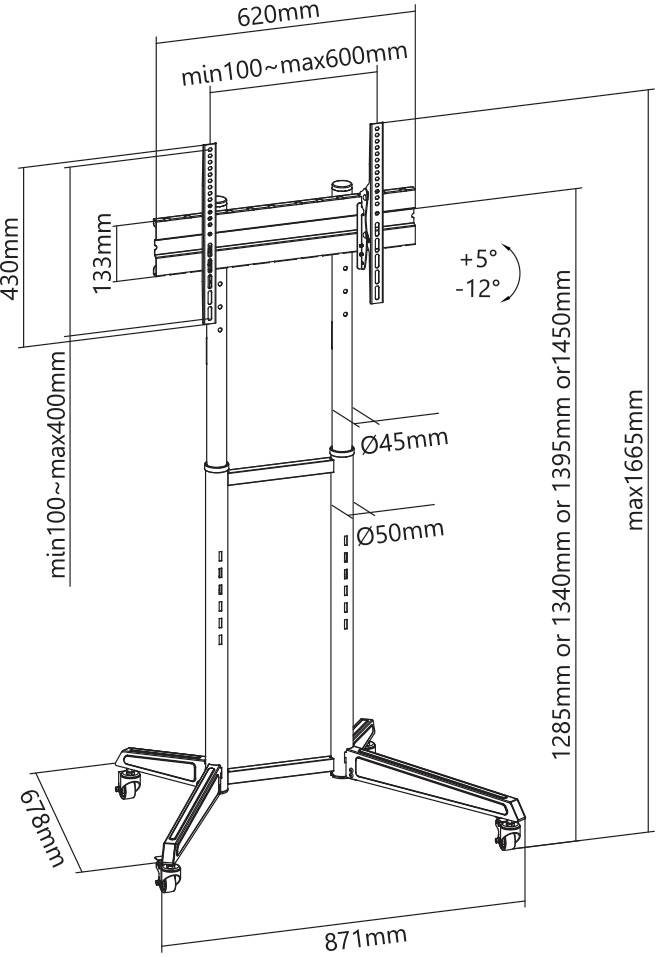 'Montageständer für Fernseher', zeigt Maße: Breite 620mm, Höhe 430mm, einstellbare Stangen 1285mm-1655mm, mit Neigungswinkel +5° bis -12°.